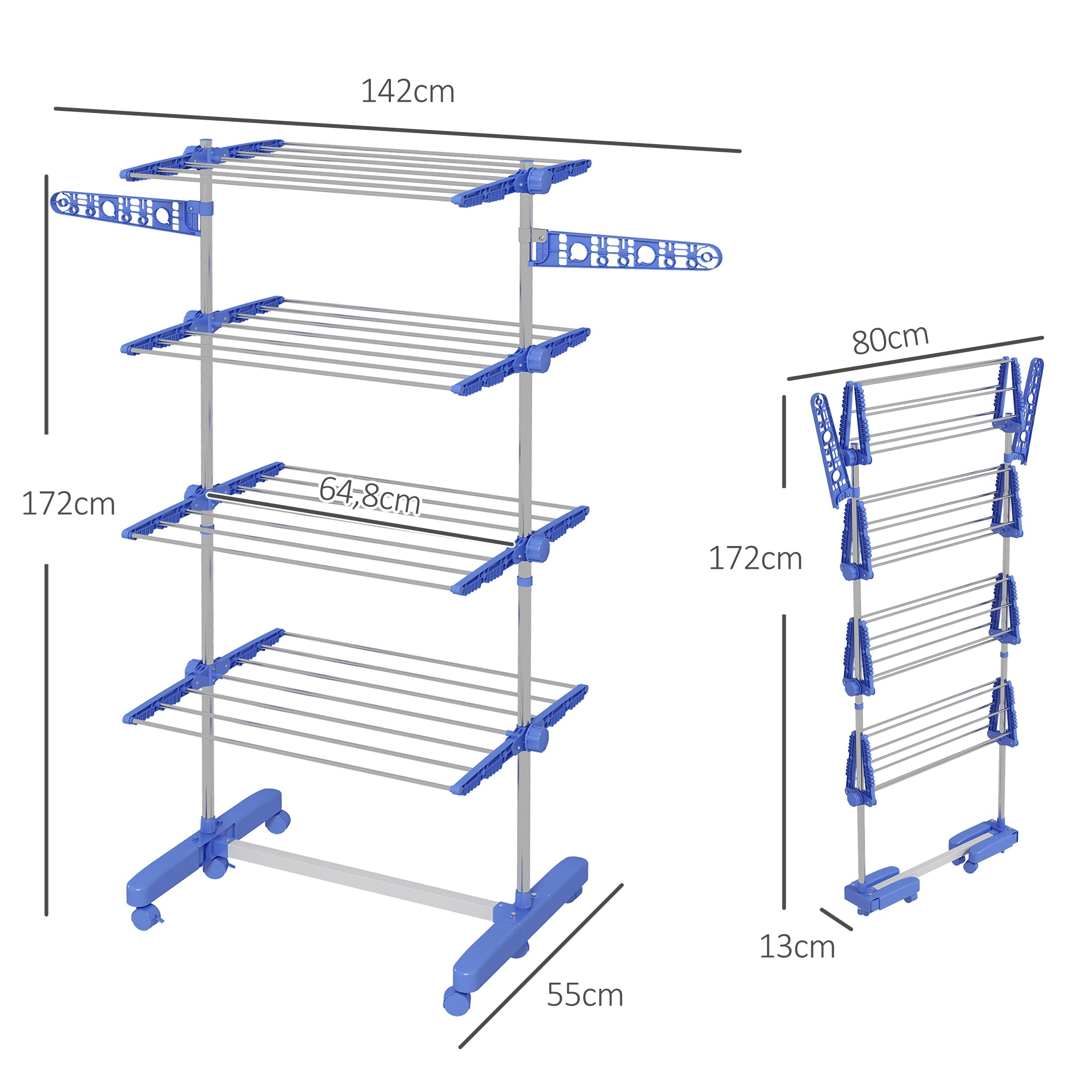 HOMCOM Wäschenständer Wäschetrockner 5 Ebenen, klappbar, One-Klick-System, 142 cm x 55 cm x1 72 cm, Blau + Silber