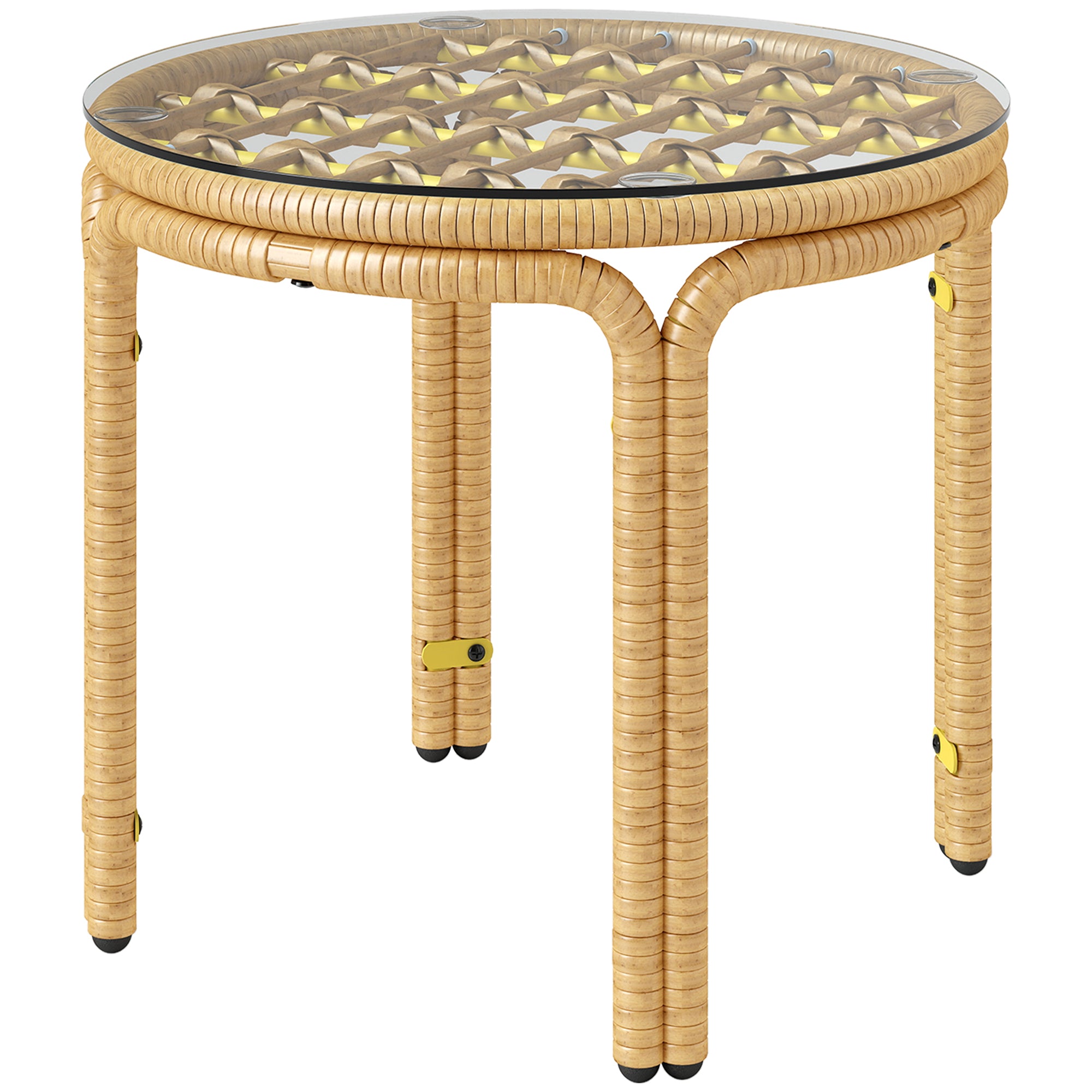 Outsunny Beistelltisch aus Polyrattan runder Couchtisch mit Glas Tischplatte Nachttisch Ø50 cm Gelb
