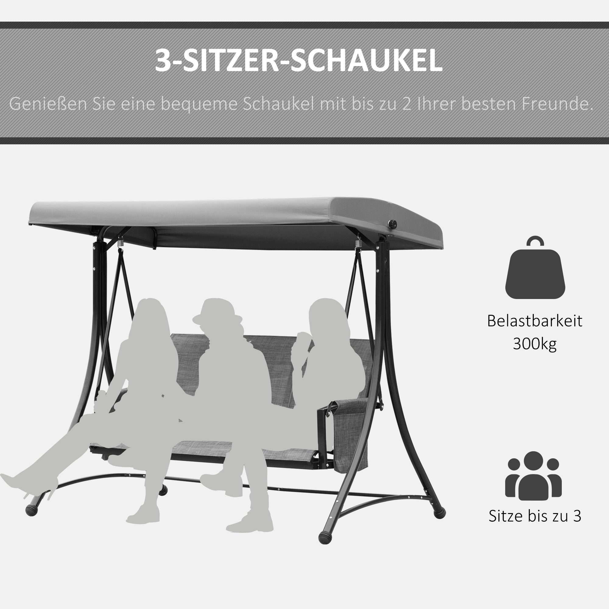 Outsunny Hollywoodschaukel mit Seitentasche, 3-Sitzer Gartenschaukel mit verstellbarem Sonnendach, Schaukelbank belast bis 300kg, für Garten, Terrasse, 196 x 128 x 172 cm, Dunkelgrau