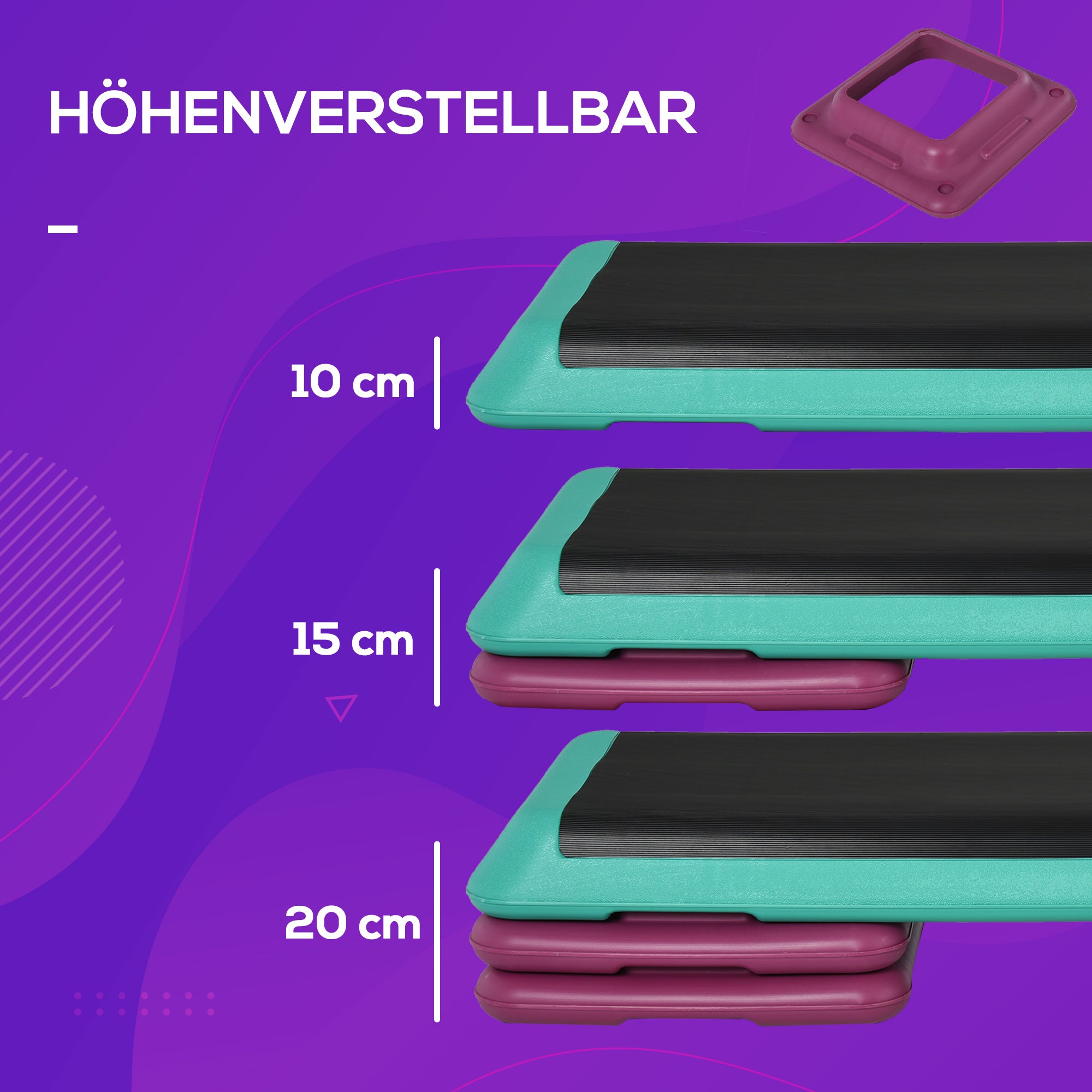 HOMCOM Steppbrett höhenverstellbar Fitness Stepper 3 Stufen (10/15/20 cm) Rutschfest Stepbench für Zuhause Fitnessstudio Büro Kunststoff Schwarz+Grün+Violett
