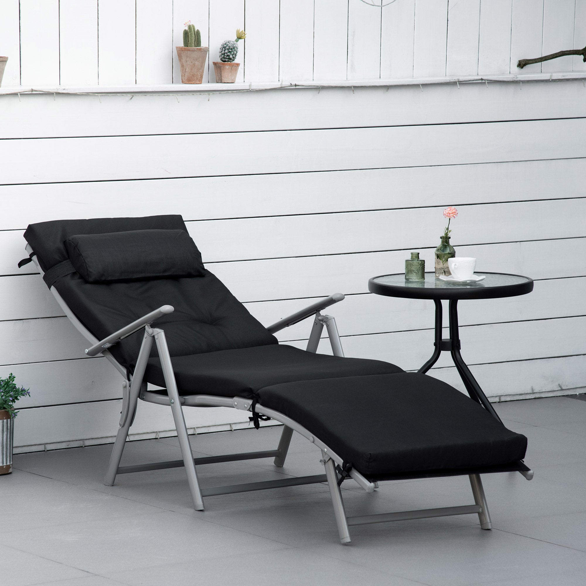 Outsunny Sonnenliege klappbar Strandliege mit Kopfkissen Sitzkissen Liegestuhl mit 7-Fach verstellbare Rückenlehne Gartenliege Relaxliege bis 165 kg belastbar, für Garten Urlaub Outdoor, Schwarz
