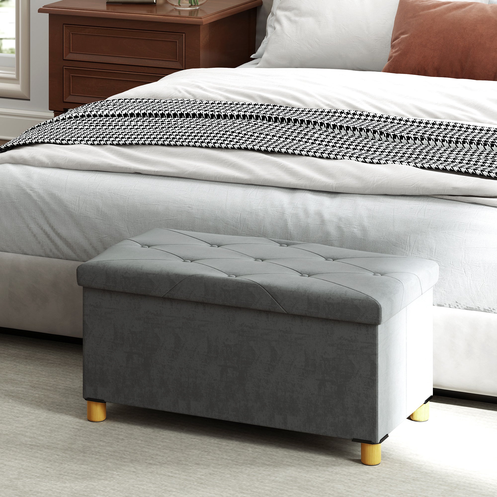 HOMCOM 67 Liter Aufbewahrungsbank, mit Stauraum und Deckel, weicher Bezug in Samtoptik, für verschiedene Räume, Grau