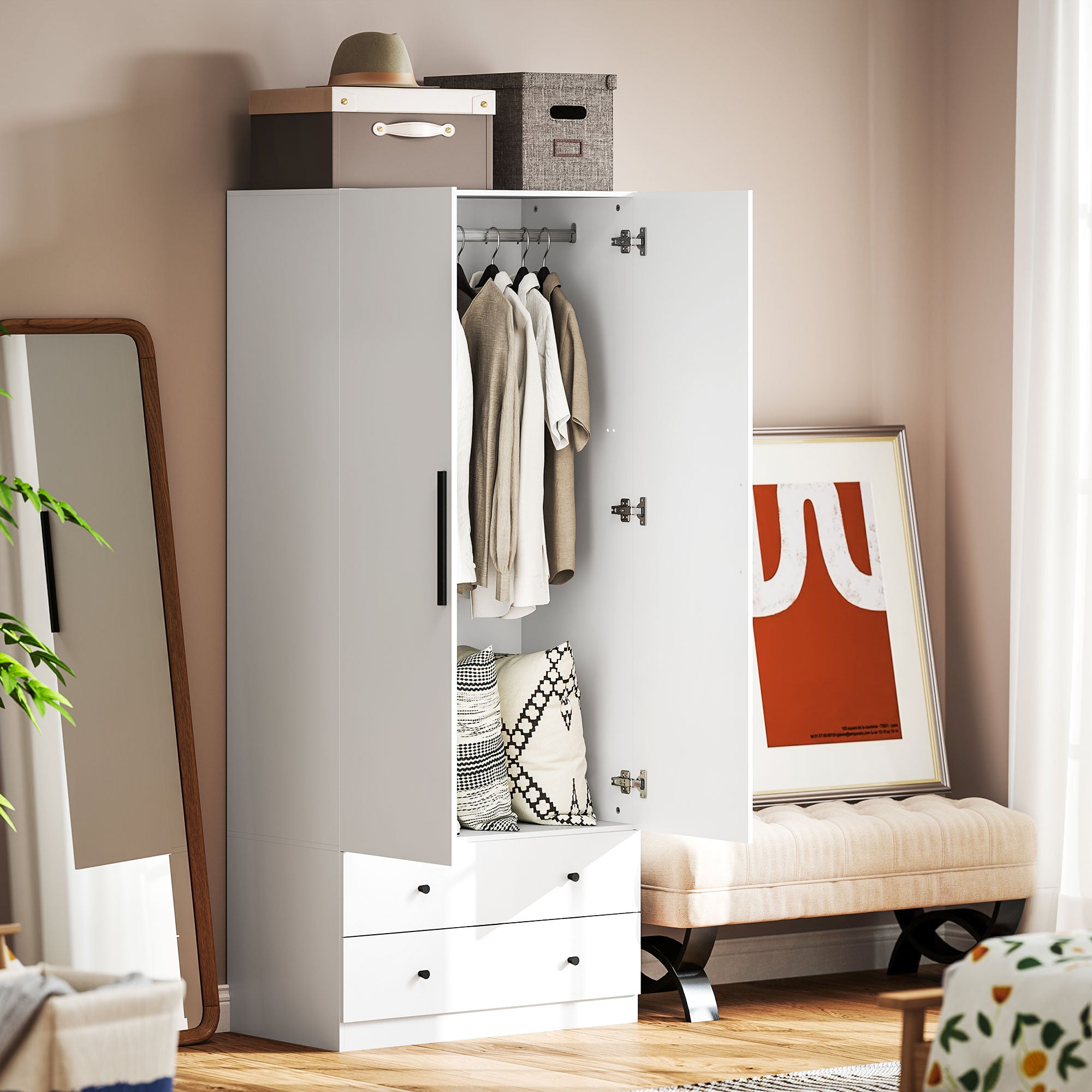 HOMCOM Kleiderschrank, 2 Türen, Hängebereich, Kleiderstange, 2 Schubladen, Spanplatte, Weiß