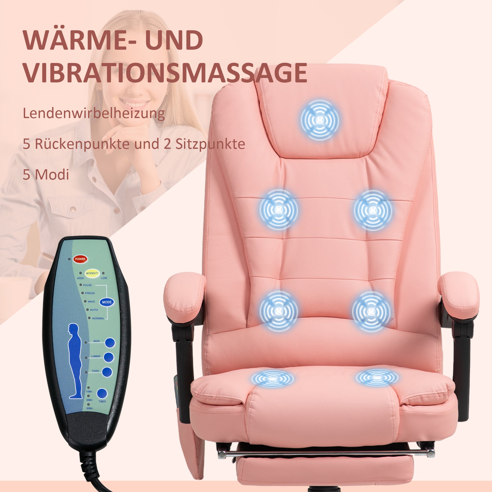 Vinsetto Massage-Bürostuhl, 7 Vibrationspunkte, verstellbare Fußstütze & Lehne, bis 120 kg, Lederoptik, Rosa