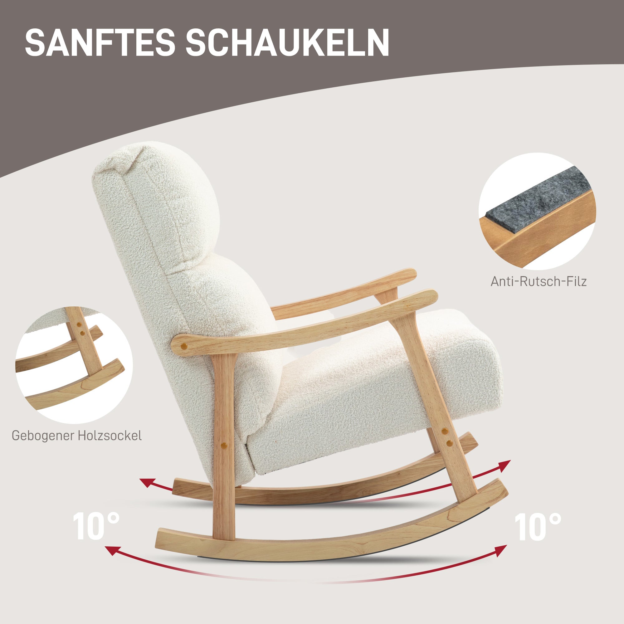 HOMCOM Schaukelstuhl, Stoffbezug in Samtoptik, Ergonomische Rückenlehne, 120 kg Belastbarkeit, 65B x 90T x 98H cm, Cremeweiß