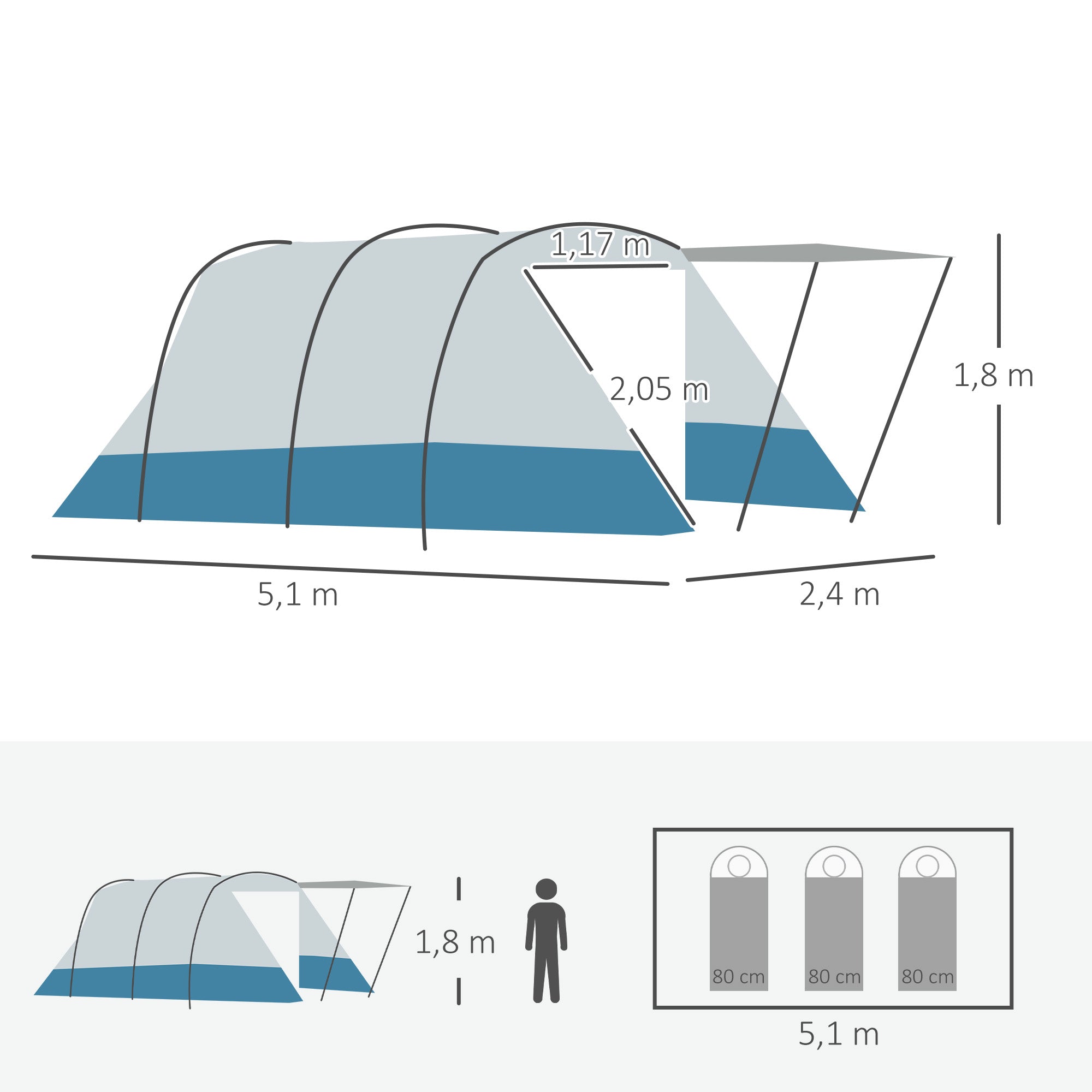 Outsunny Campingzelt, für 6-8 Personen, zwei Räume, Lampenhaken, mit Tragetasche, Blau, 5,10x2,40x1,80m