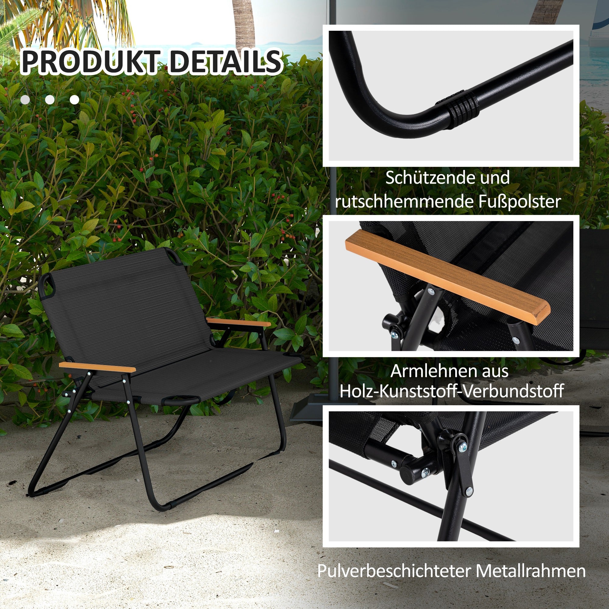 Outsunny Klappstuhl, atmungsaktiv, Holz-Kunststoff-Armlehnen, 108x65x73cm, Schwarz-Natur