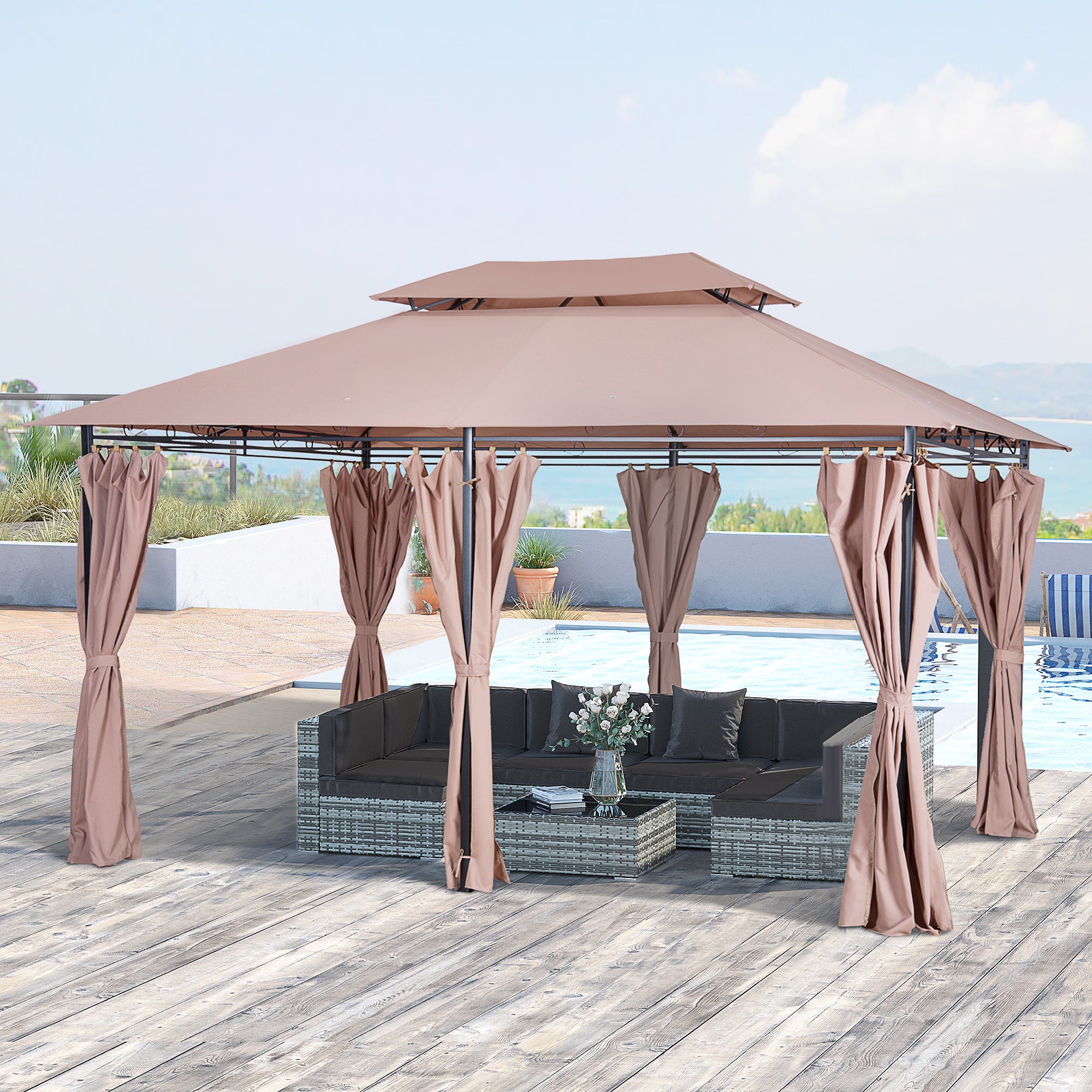 Outsunny Pavillon 3x4m Gartenpavillon mit 6 Seitenteilen Partyzelt Gartenzelt Festzelt mit Doppeldach Khaki