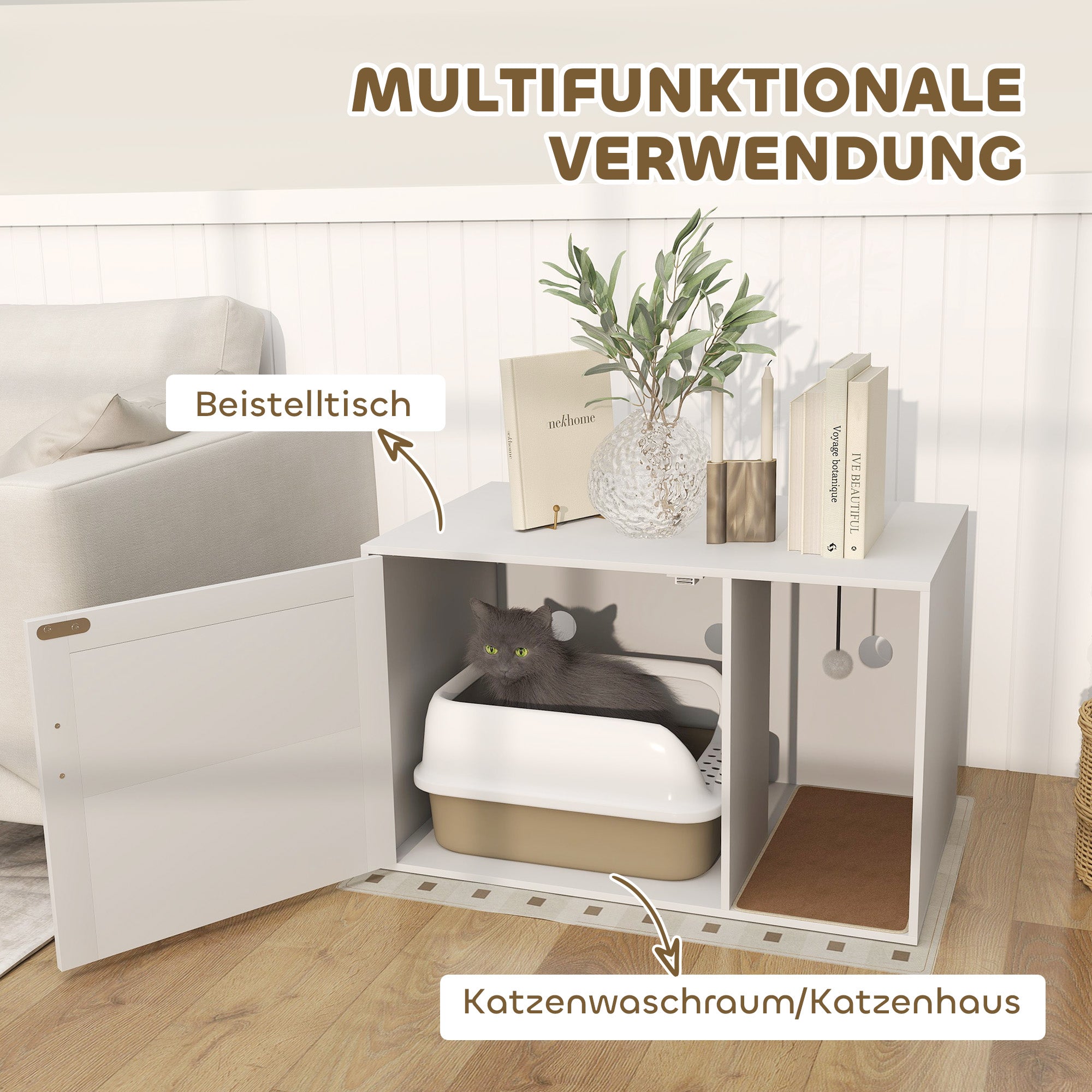PawHut Katzenklo-Gehäuse, stilvoll, mit Kratzmatte, Rattantür, 80 x 50 x 50 cm, Weiß