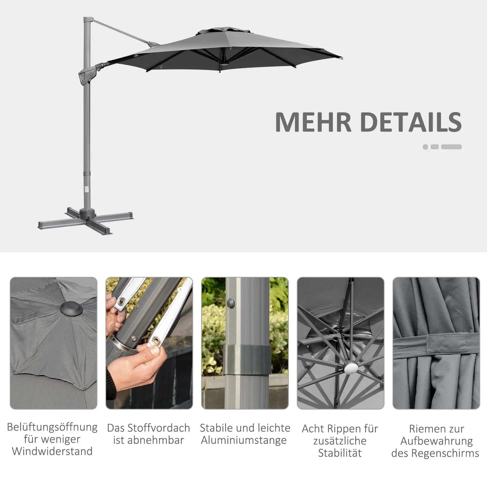 Outsunny Ampelschirm Ø300 cm Dunkelgrau mit Kurbel
