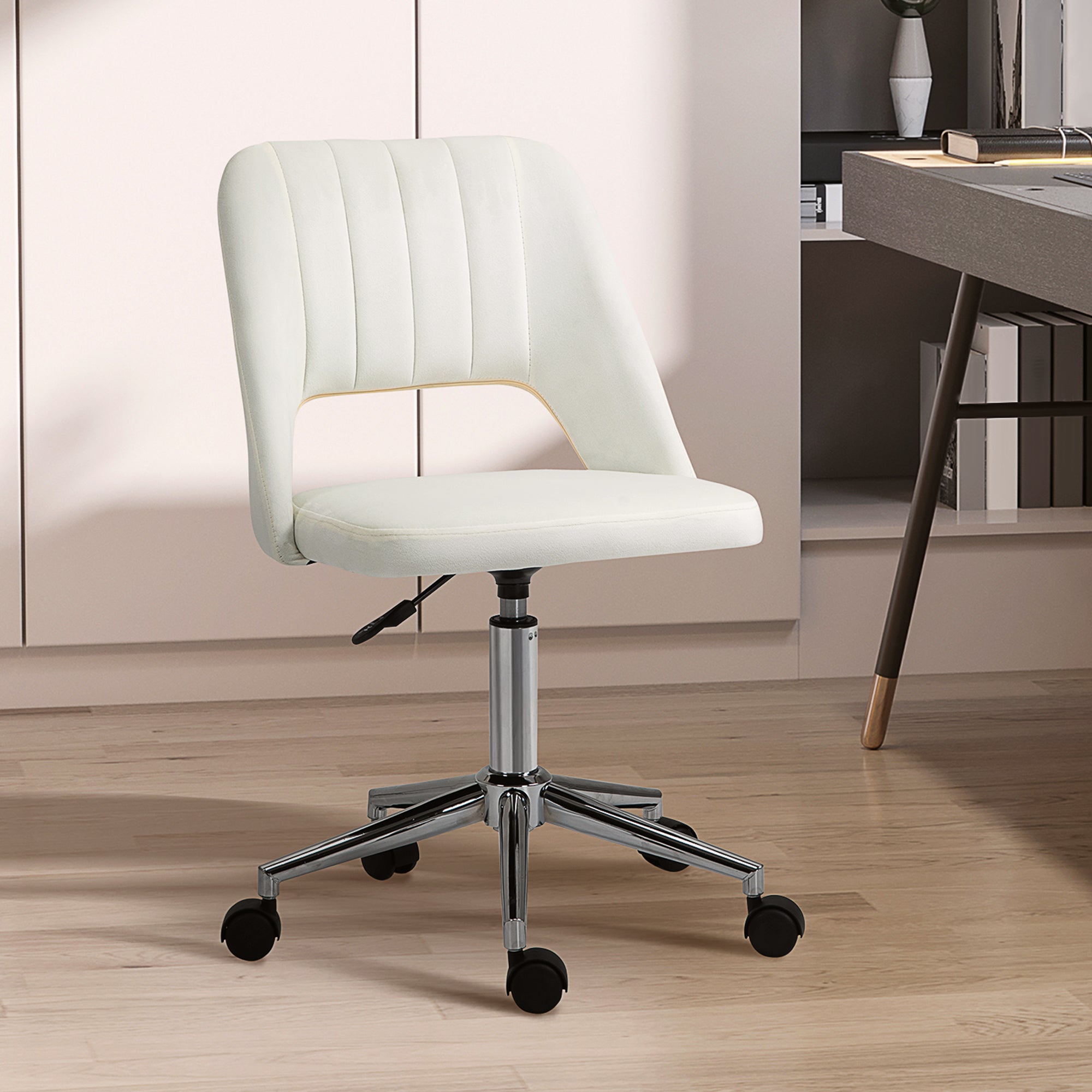 Vinsetto Höhenverstellbarer Schreibtischstuhl mit Rollen, 360° drehbar, Jakobsmuschel-Form, Schaumstoff, 49 x 60 x 79-91 cm, Cremeweiß