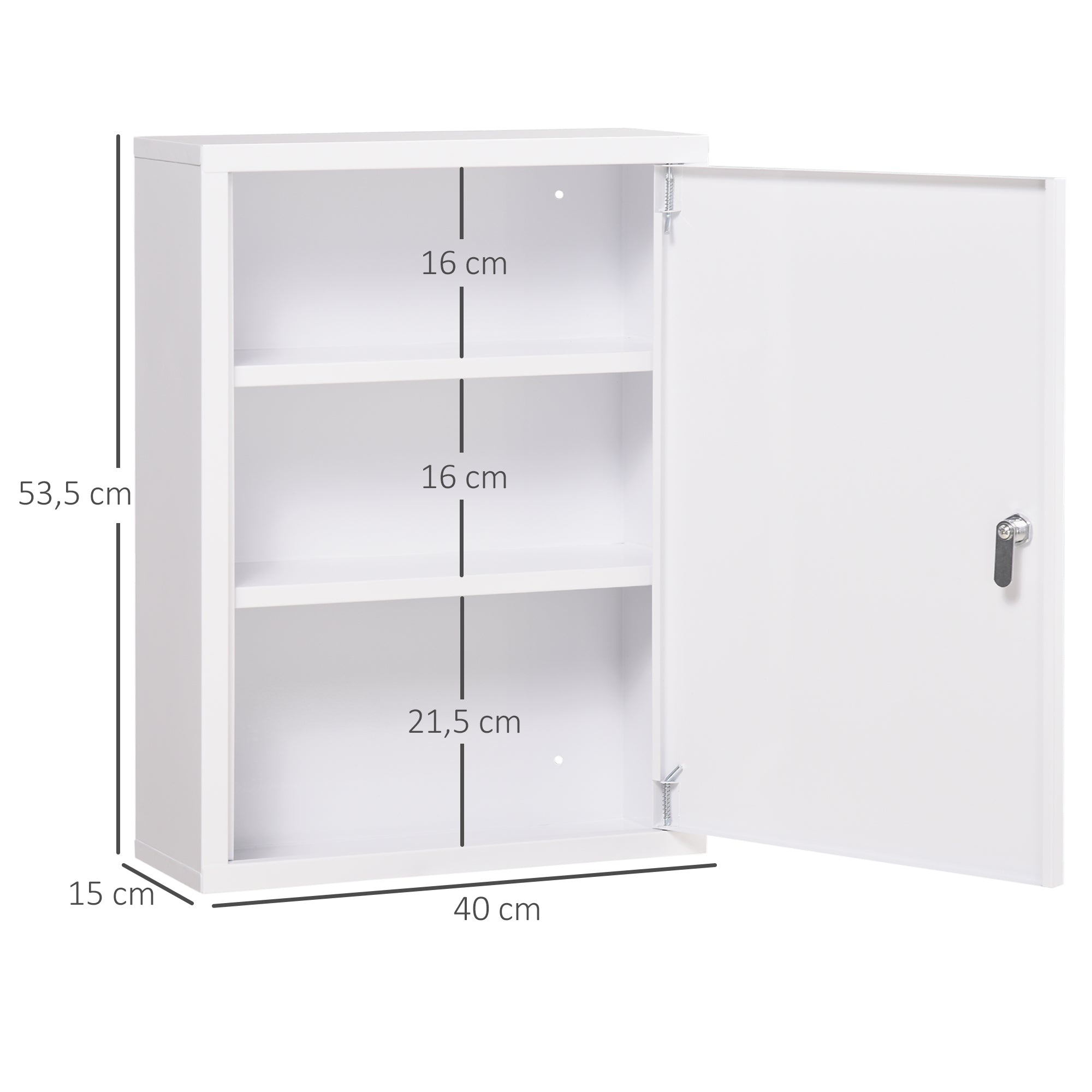 kleankin Medizinschrank, 3 Fächer, abschließbare Tür, stabiles Stahlgehäuse, weiß, 40 x 15 x 53,5 cm