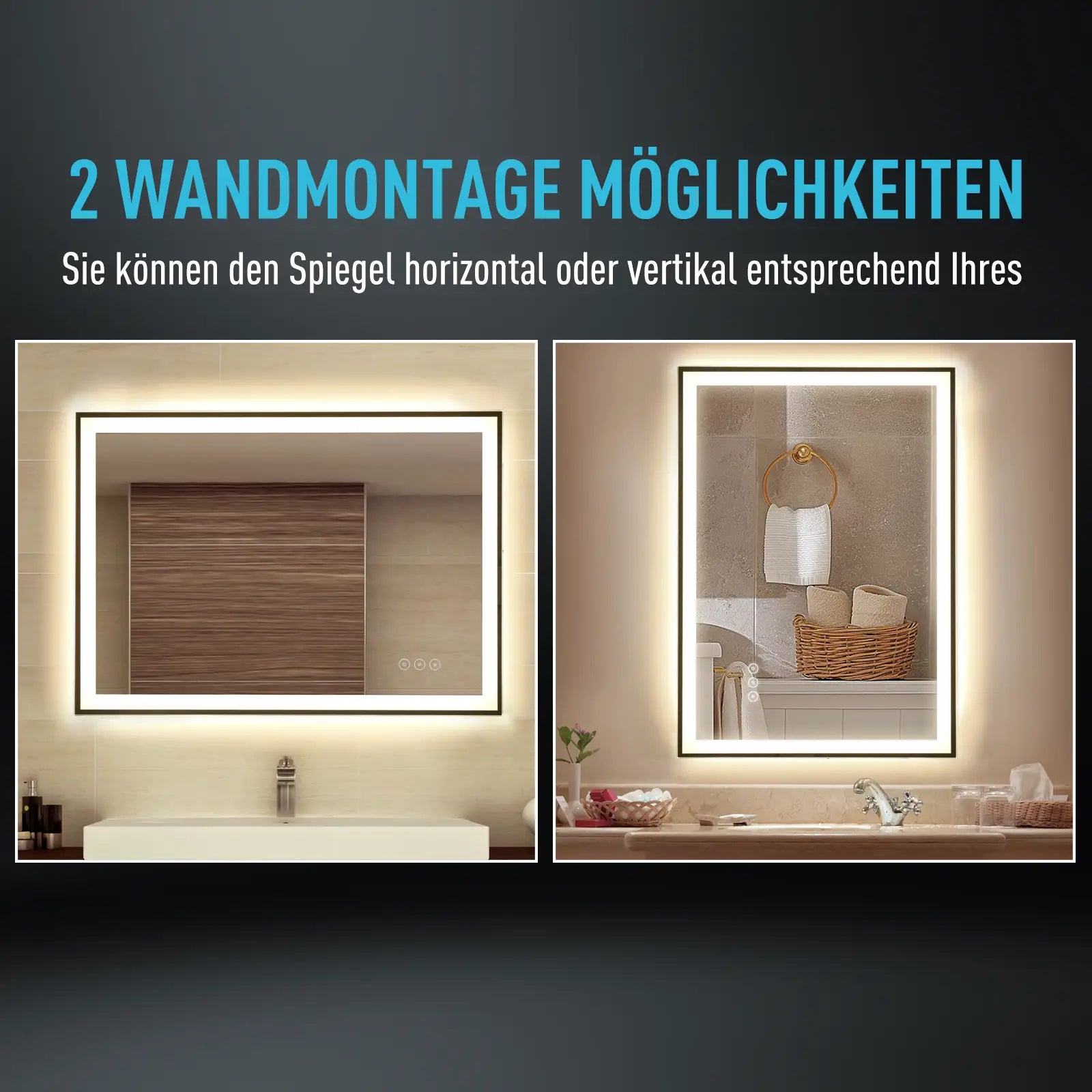 Kleankin Badspiegel LED Nebelfrei 3 Farben Touch kupferfrei