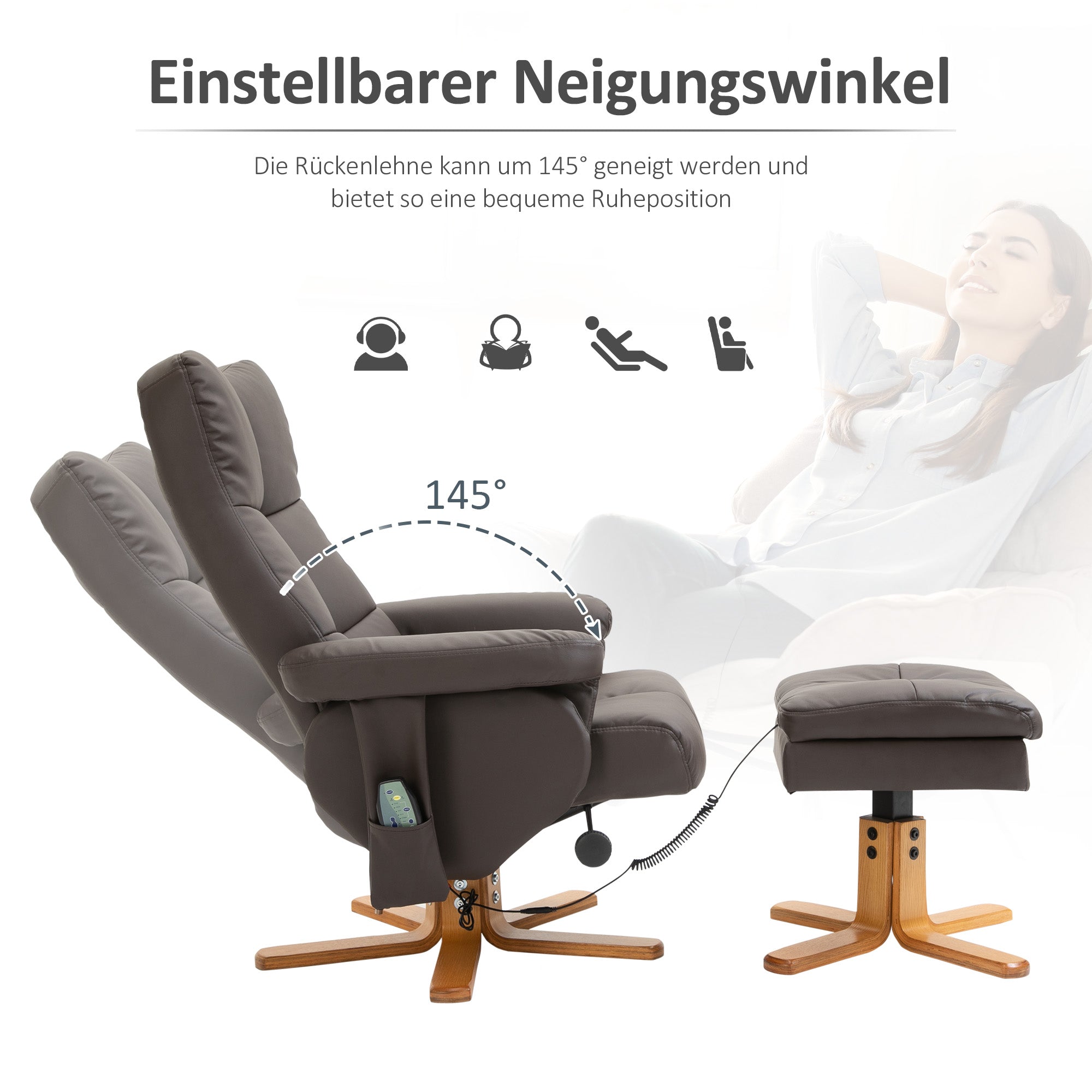 HOMCOM Relaxsessel mit Liegefunktion Massagesessel mit Fußhocker Fernsehsessel TV Sessel 145°-Neigung Liegesessel Ergonomischer Stuhl mit 10 Vibrationpunkte Kunstleder Braun 80 x 86 x 99 cm
