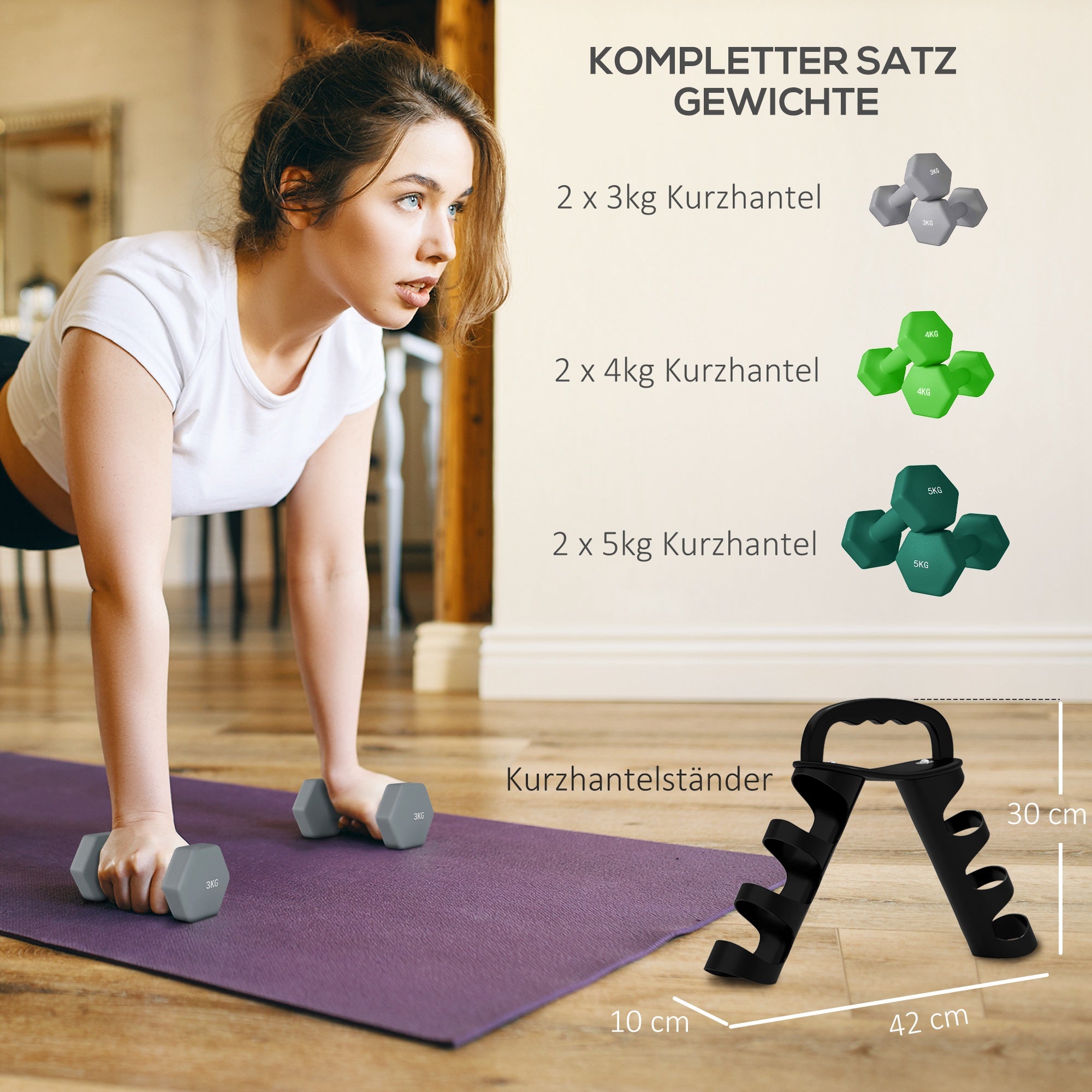 SPORTNOW Hantelset mit Aufbewahrungsgestell, Set mit 6 Hanteln für Fitness-Training, 2 x 3kg, 2 x 4kg, 2 x 5kg