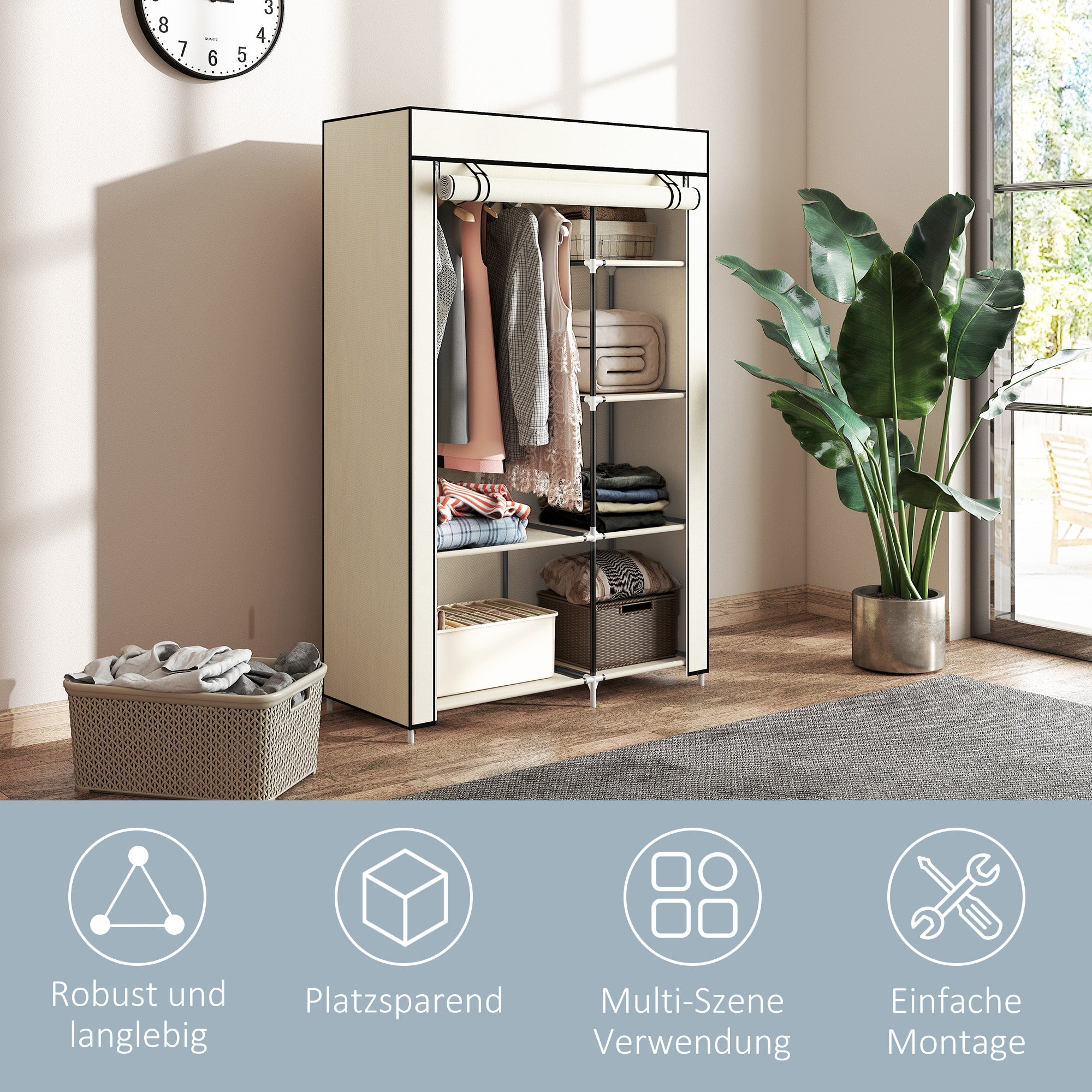 HOMCOM Schrank aus Stoff, Aufbewahrungslösung, 6 Regale, 1 Kleiderstange, Beige