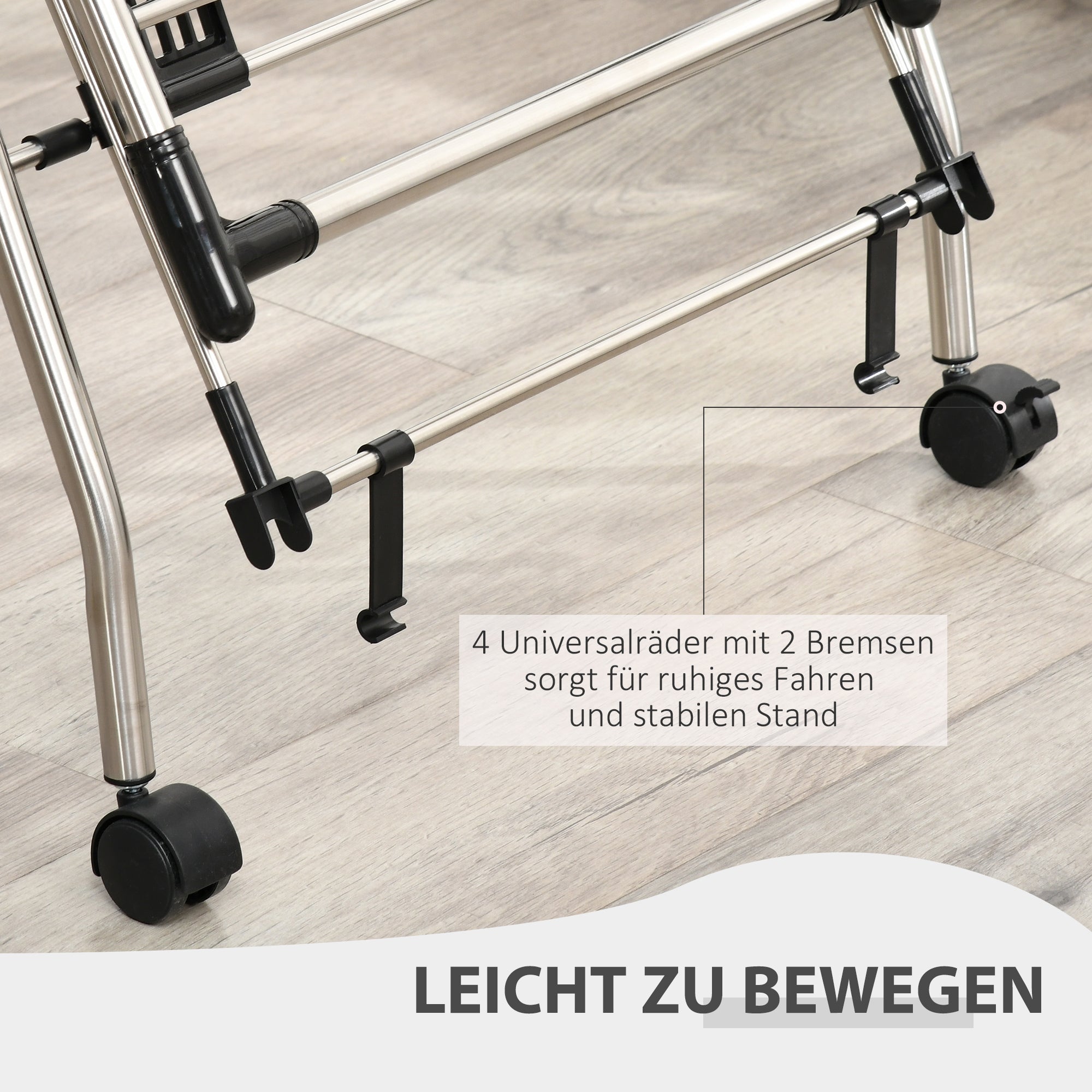 HOMCOM Wäscheständer 1,385 m Trockenlänge tragbar Standtrockner mit Teleskopstangen, Rollen und Bremsen Wäschetrockner Flügelwäscheständer für Innen und Außen, Silber+Schwarz