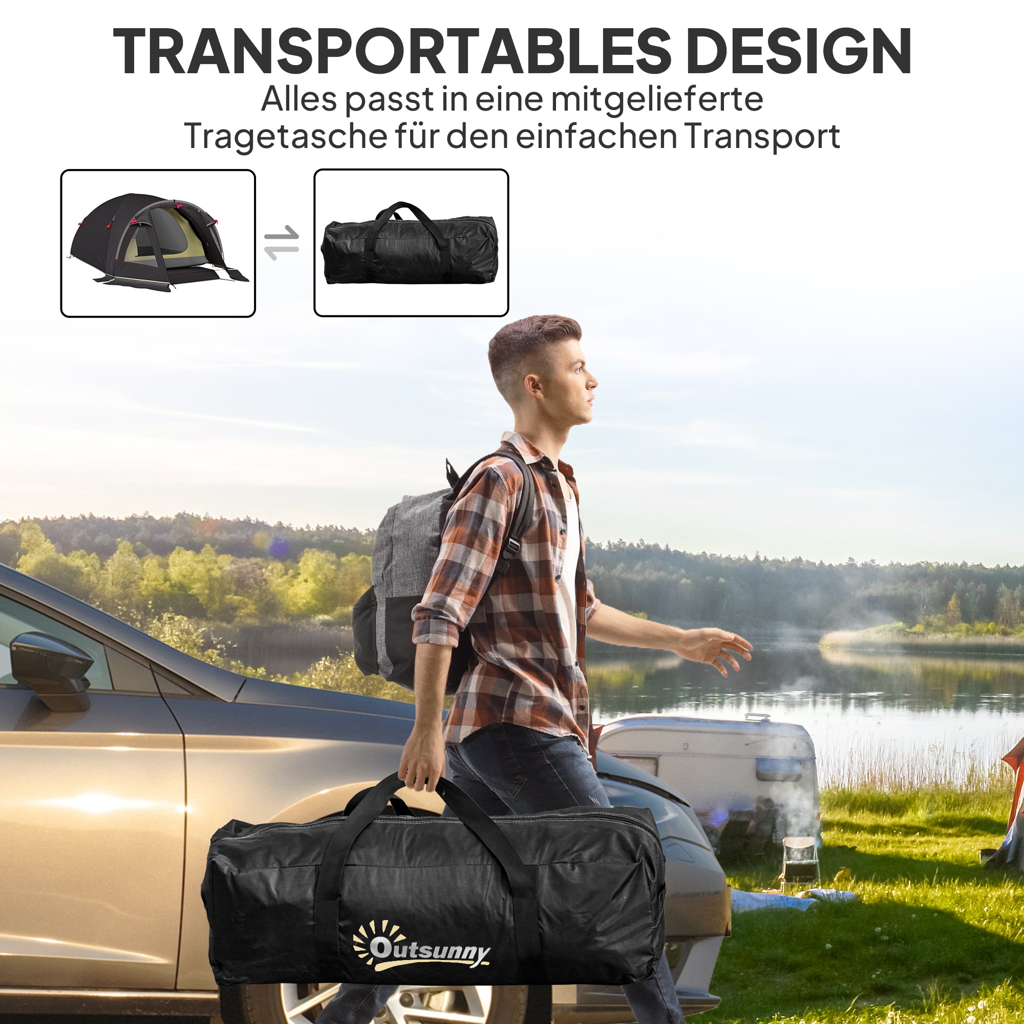 Outsunny Campingzelt für 4 Personen leicht, stabil UV 50+ Tunnelzelt mit Vordach Seitentür&Fenster Schwarz