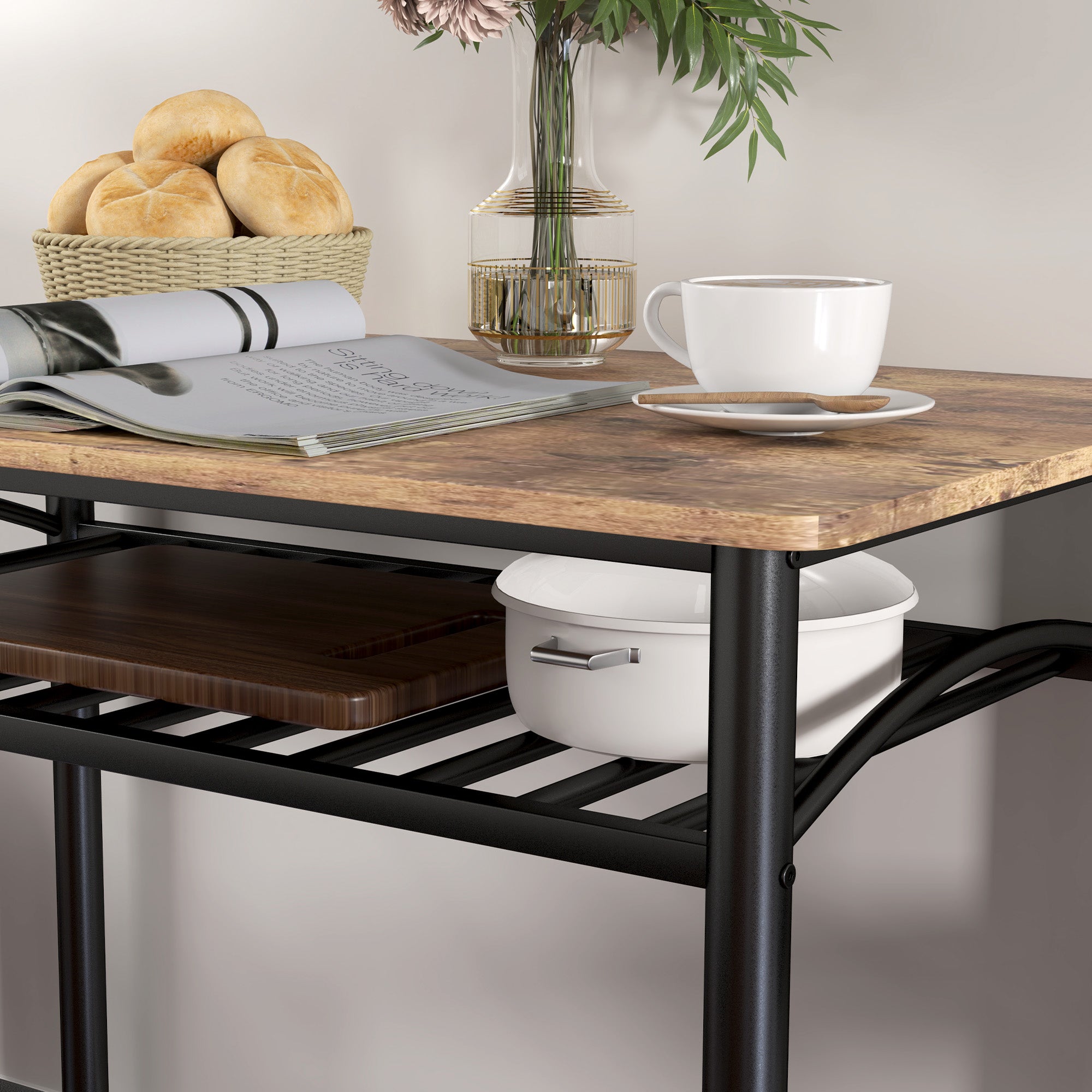 HOMCOM 4-teiliges Esszimmer-Set, Platzsparendes Set aus Tisch, 2 Stühlen und Bank, für kleine Räume, Metall, Holz, Braun