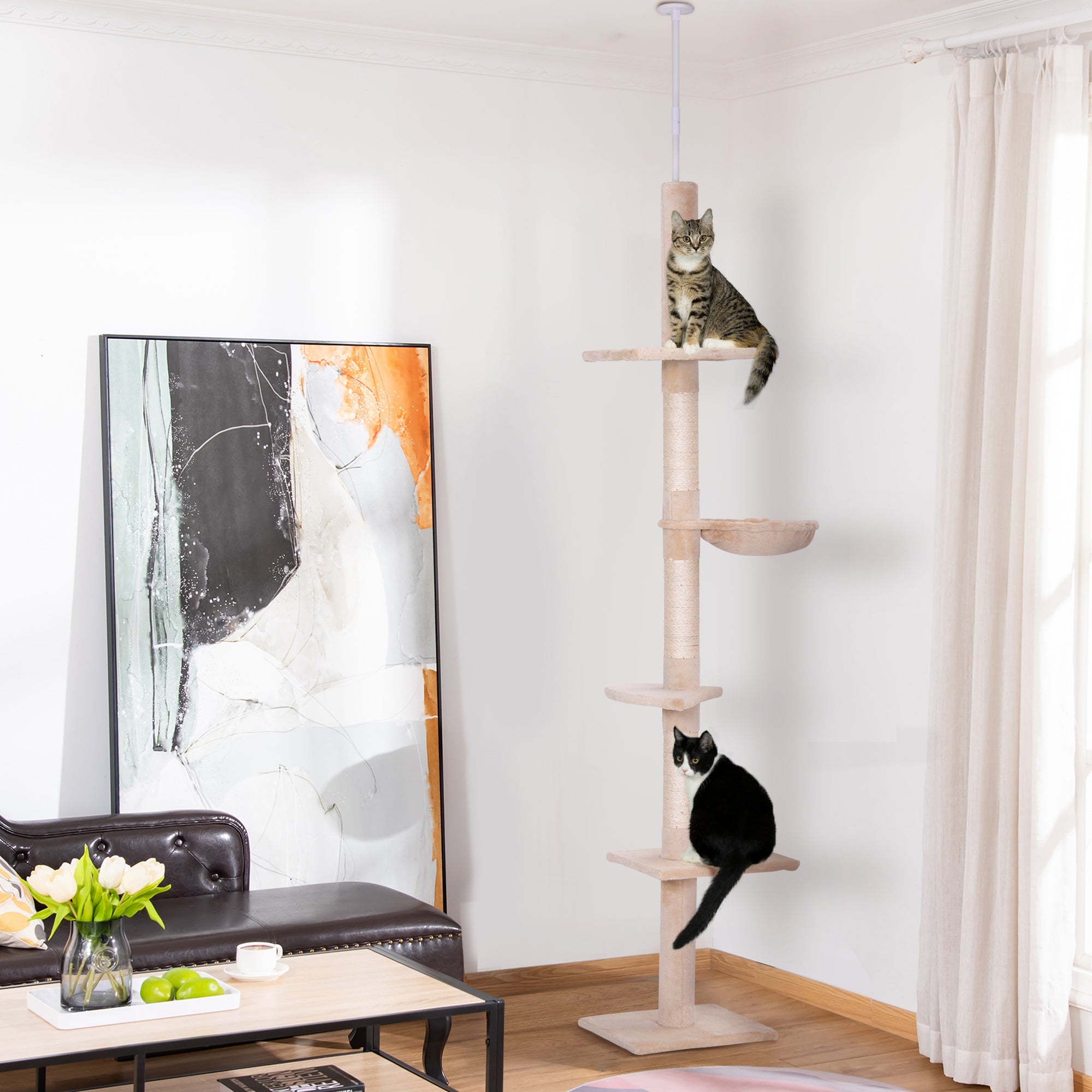 PawHut Kratzbaum Deckenhoch höhenverstellbar, stabiler Katzenbaum mit Sisalsäulen, Katzen Kletterbaum, Beige, 40 x 34 x 230-260 cm