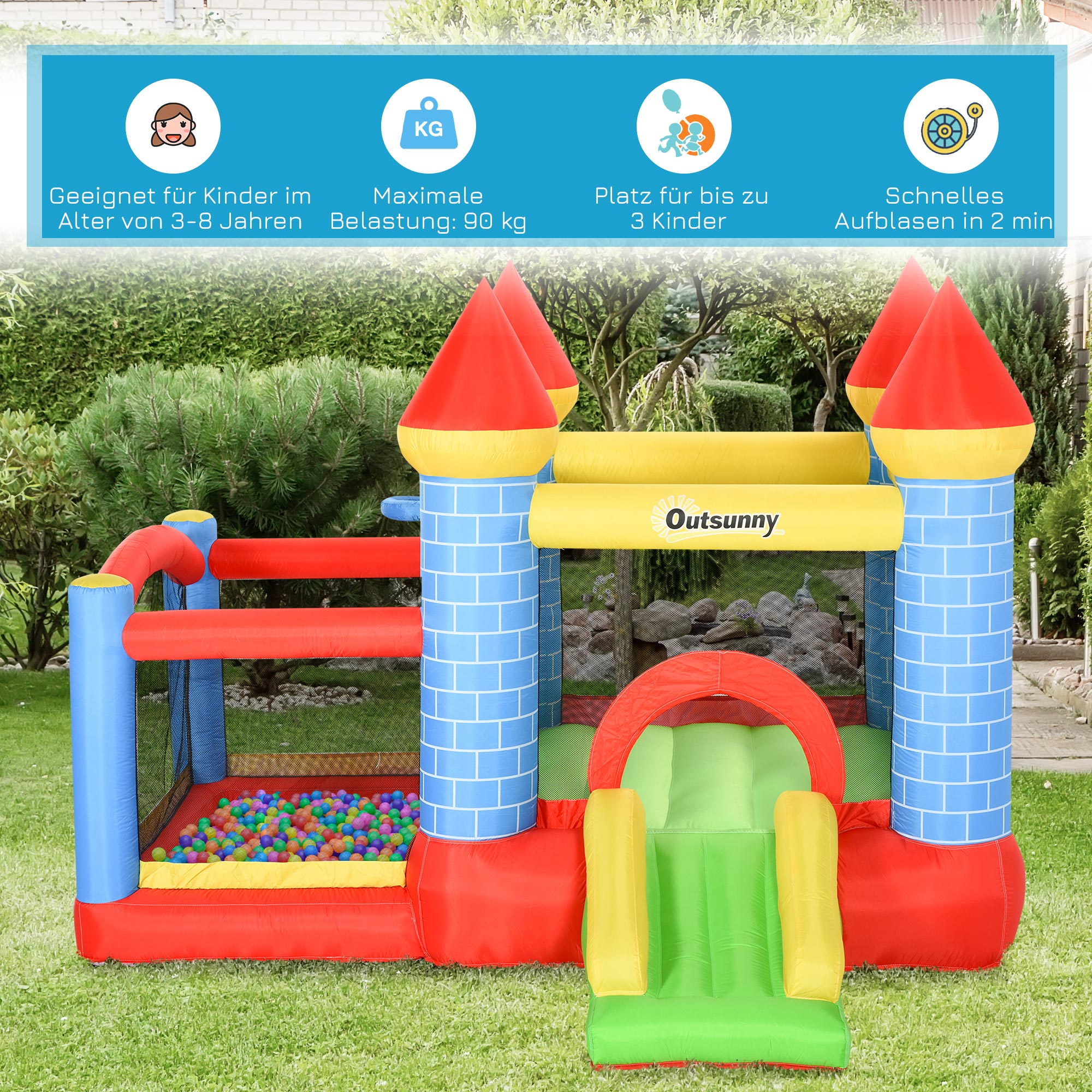 Outsunny Aufblasbare Hüpfburg mit Rutsche Pool für 3 Kinder Burg mit Gebläse für 3-8 Jahre Rot+Blau+Grün 280 x 260 x 210 cm