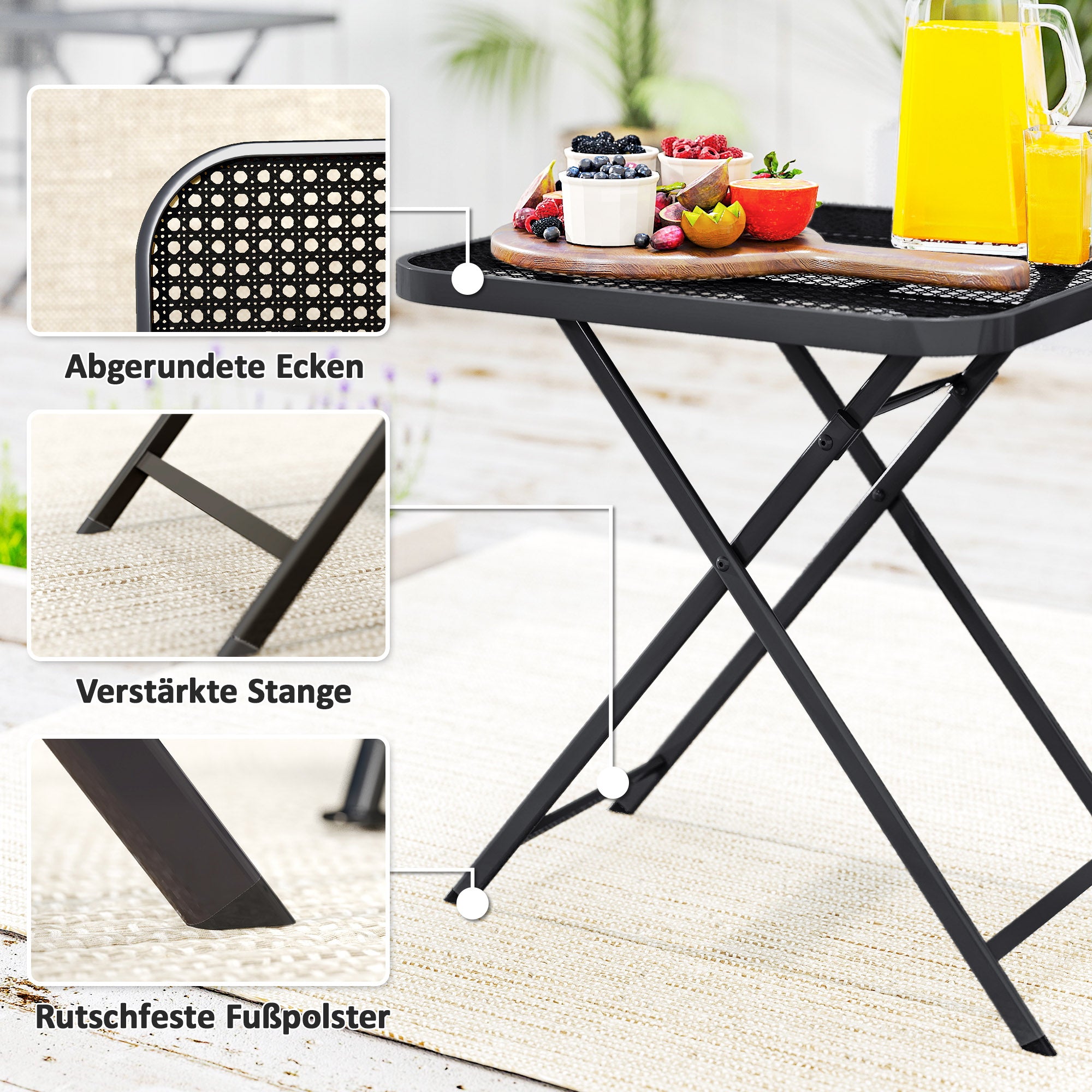 Outsunny Gartentisch klappbar 70 x70 cm, Wetterfest Balkontisch Klapptisch mit Ausschnitt-Design quadrarisch Schwarz