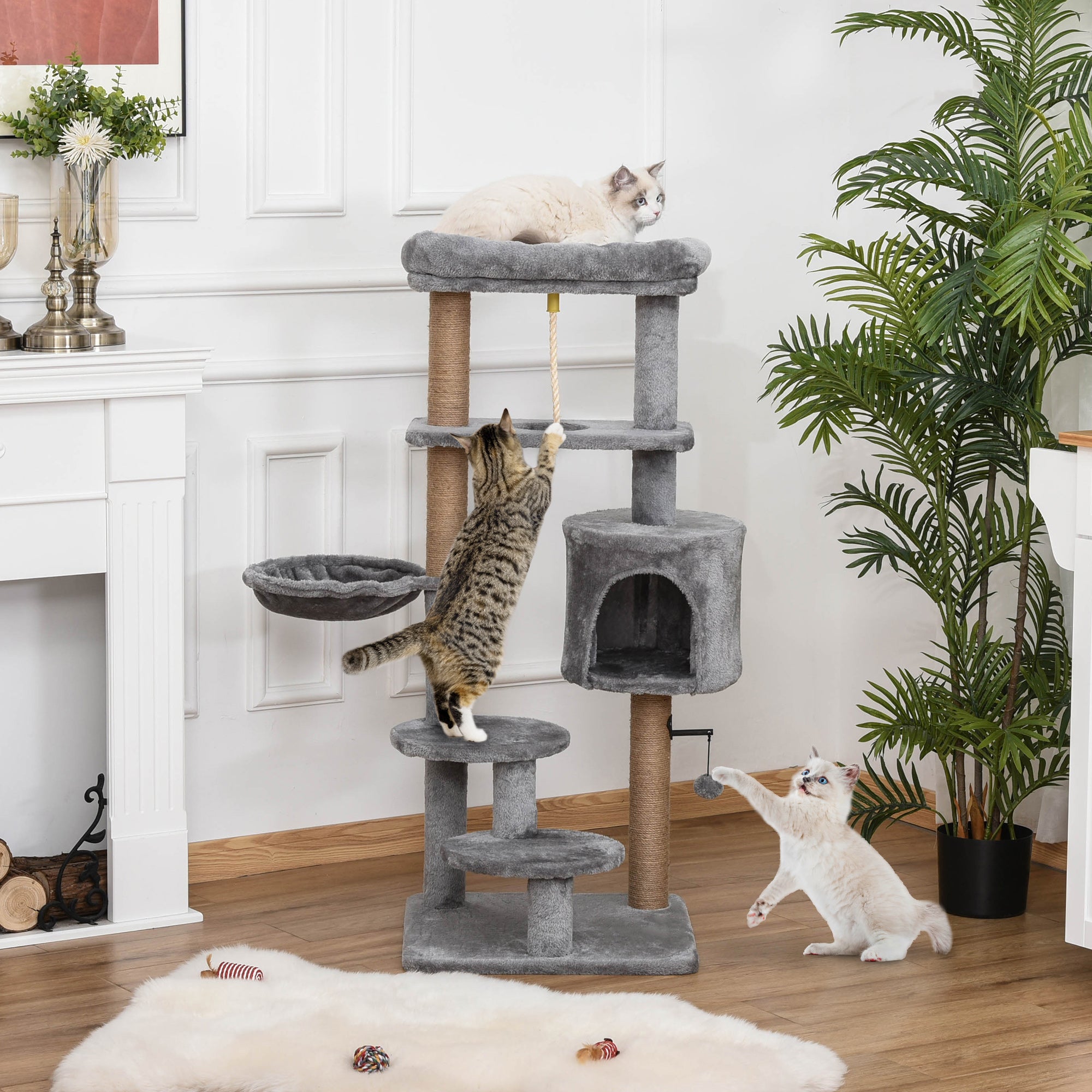 PawHut Kratzbaum, Katzenbaum, 1 Katzenhöhle, Katzenbett, 1 Hängematte, inkl. Spielzeug, Hellgrau