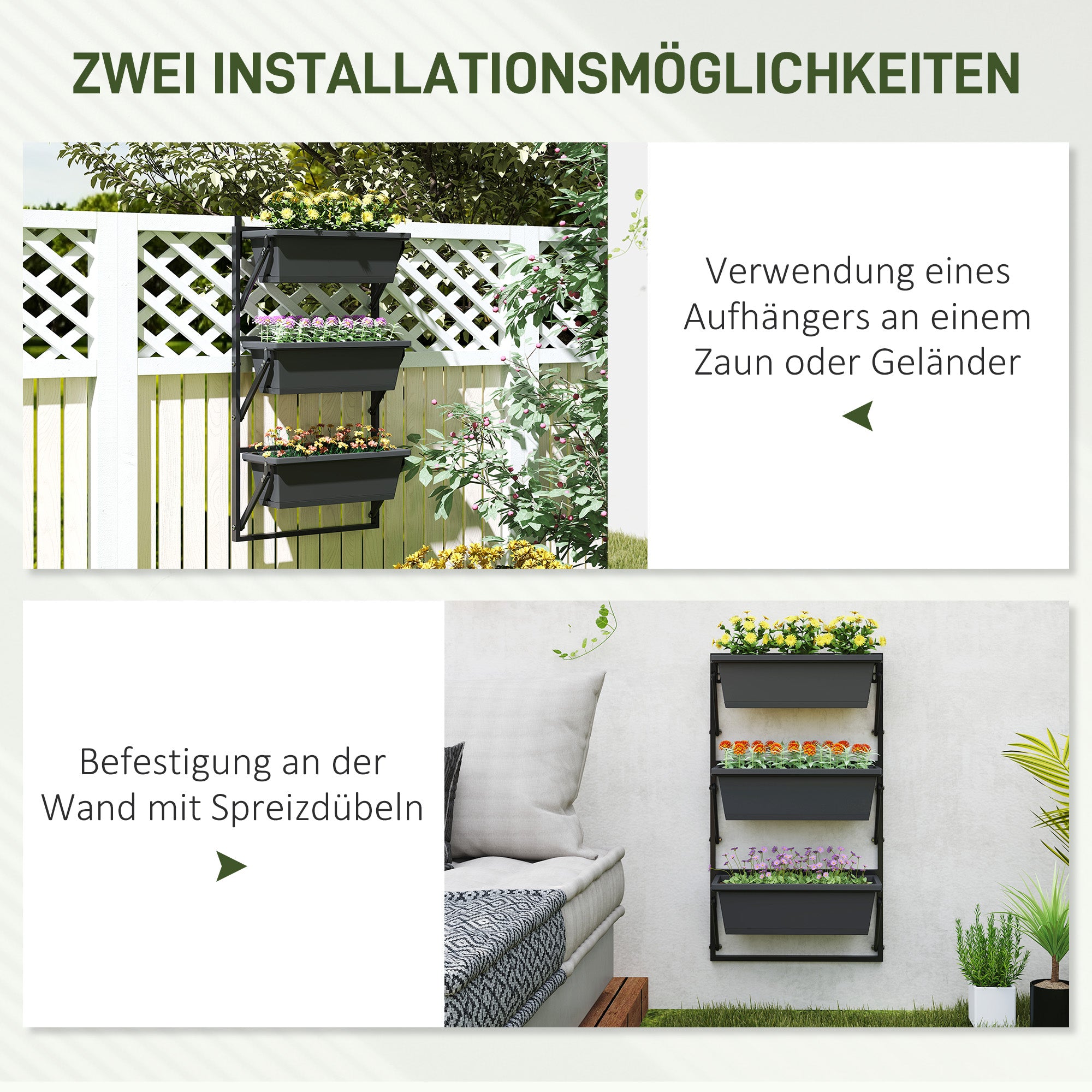 Outsunny er Set Blumentopf Pflanzkübel mit Löcher, 56x42 cm Pflanztöpfe, eckig Pflanztopf, Kunststoff Dunkelgrau