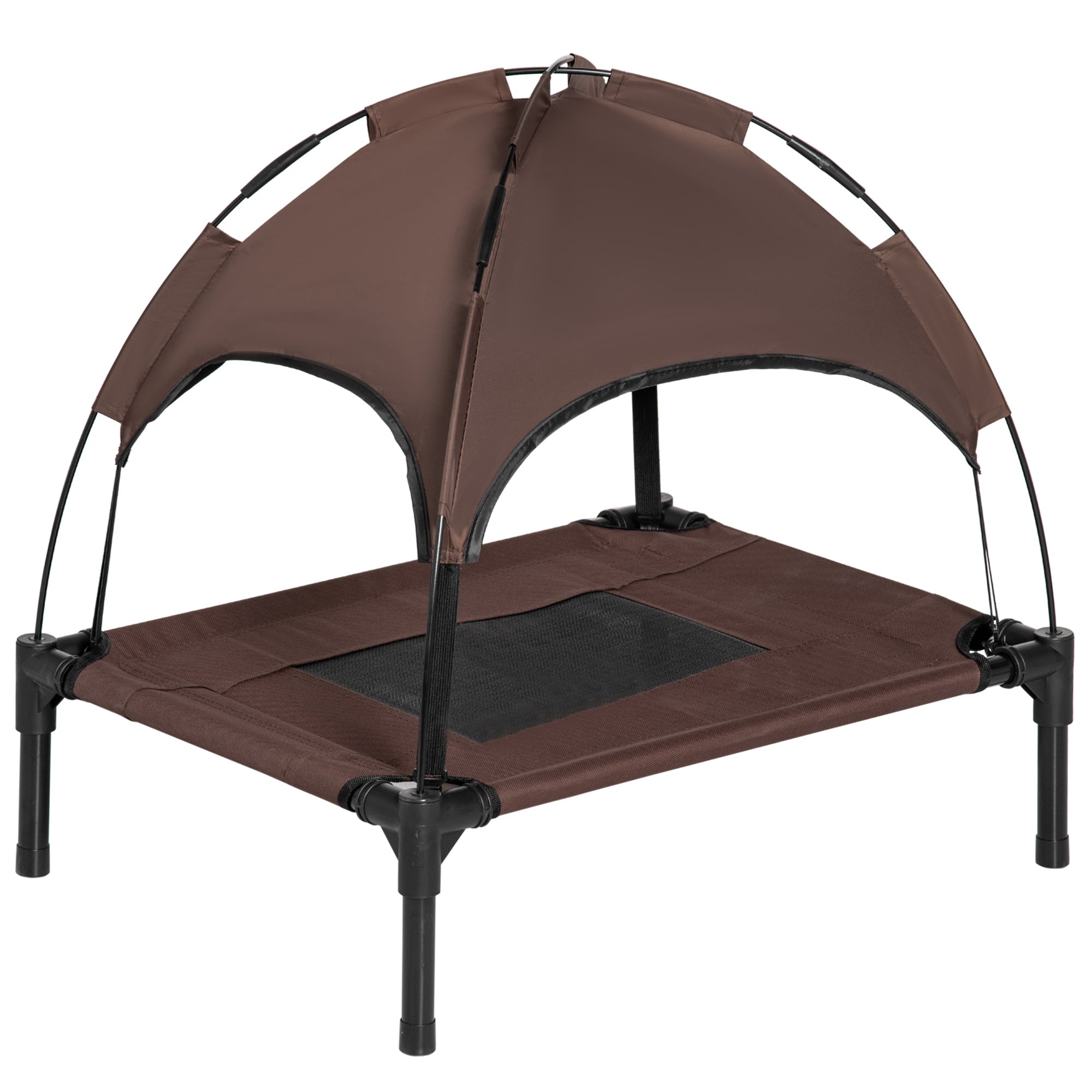 PawHut Haustierbett mit Baldachin, klappbar, Hundeliege, Outdoor-Hundebett, Mesh-Stoff, Braun + Schwarz