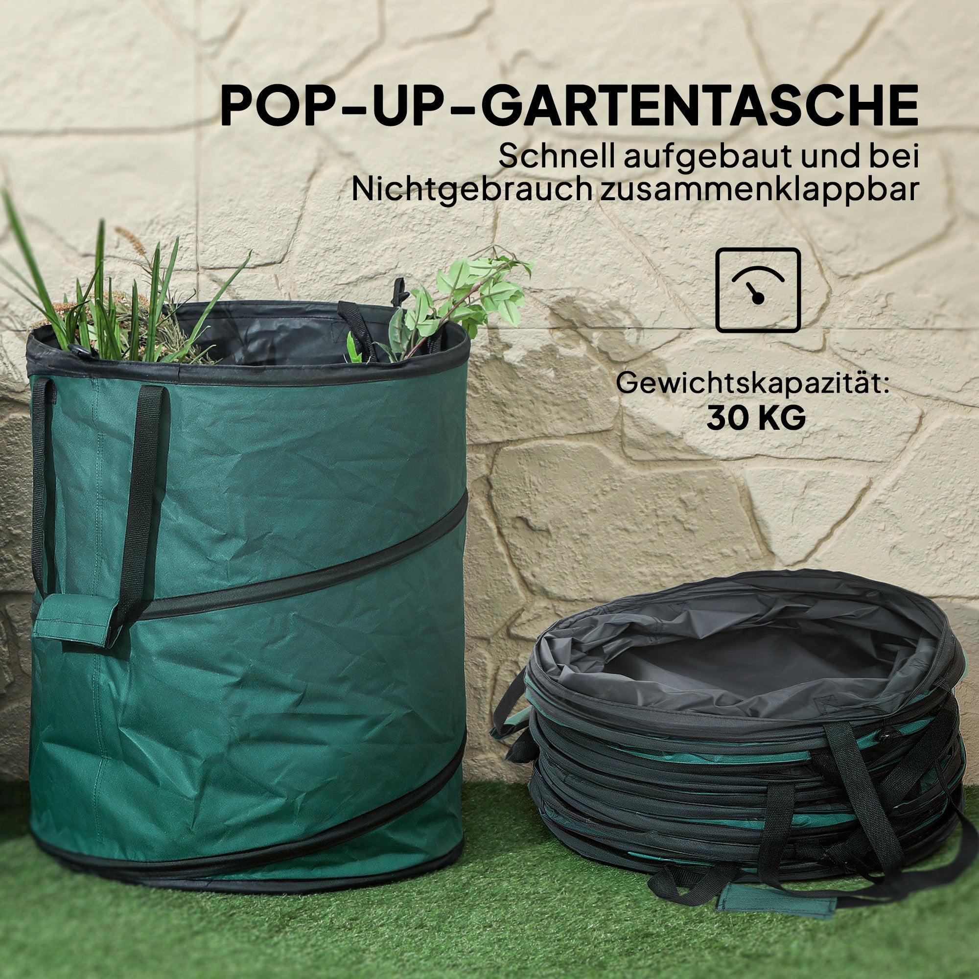Outsunny Gartensack 2x160L wasserdicht Gartenabfallsack mit Trageschlaufen Griffe, stabil robust Laubsack Grün