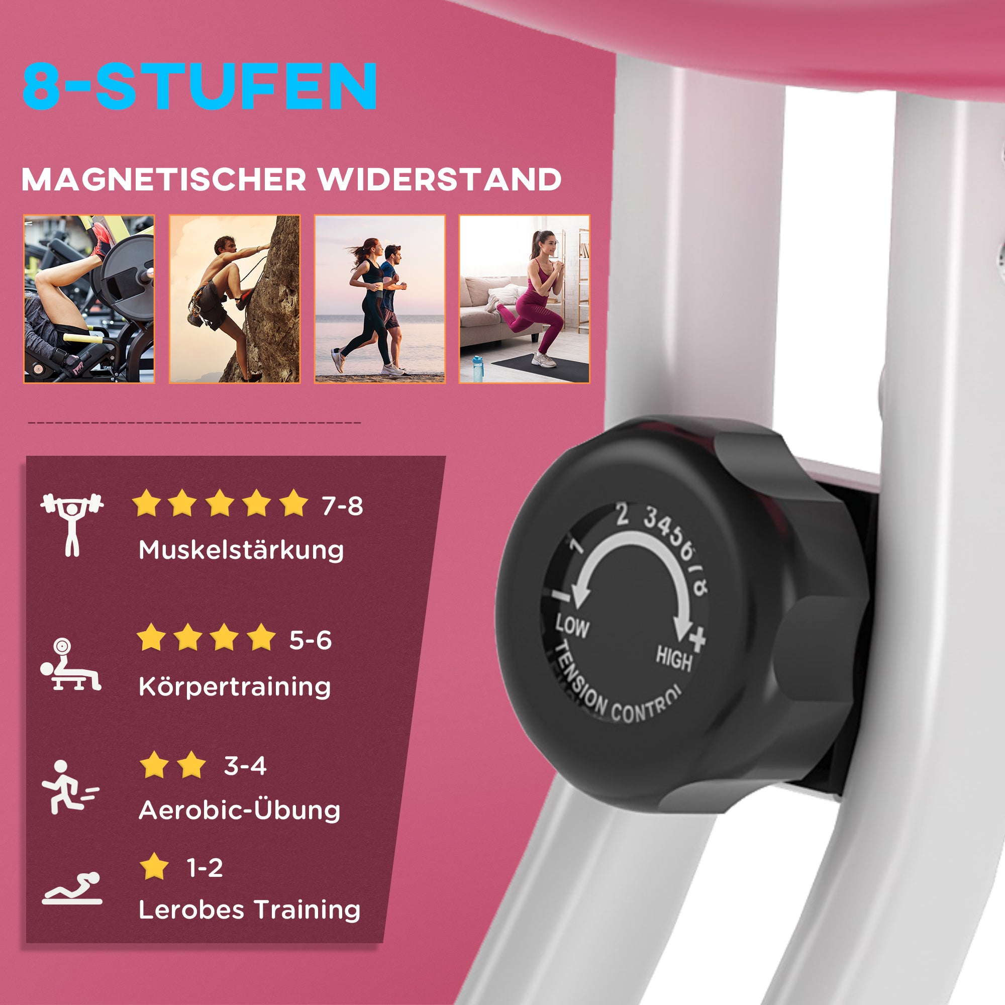 HOMCOM Heimtrainer Fahrradtrainer klappbar Magnetisch Hometrainer Fahrrad mit LCD Monitor, 8 stufig einstellbarem Magnetwiderstand, Platzsparend Fitnessbikes für Zuhause Rosa+Weiß