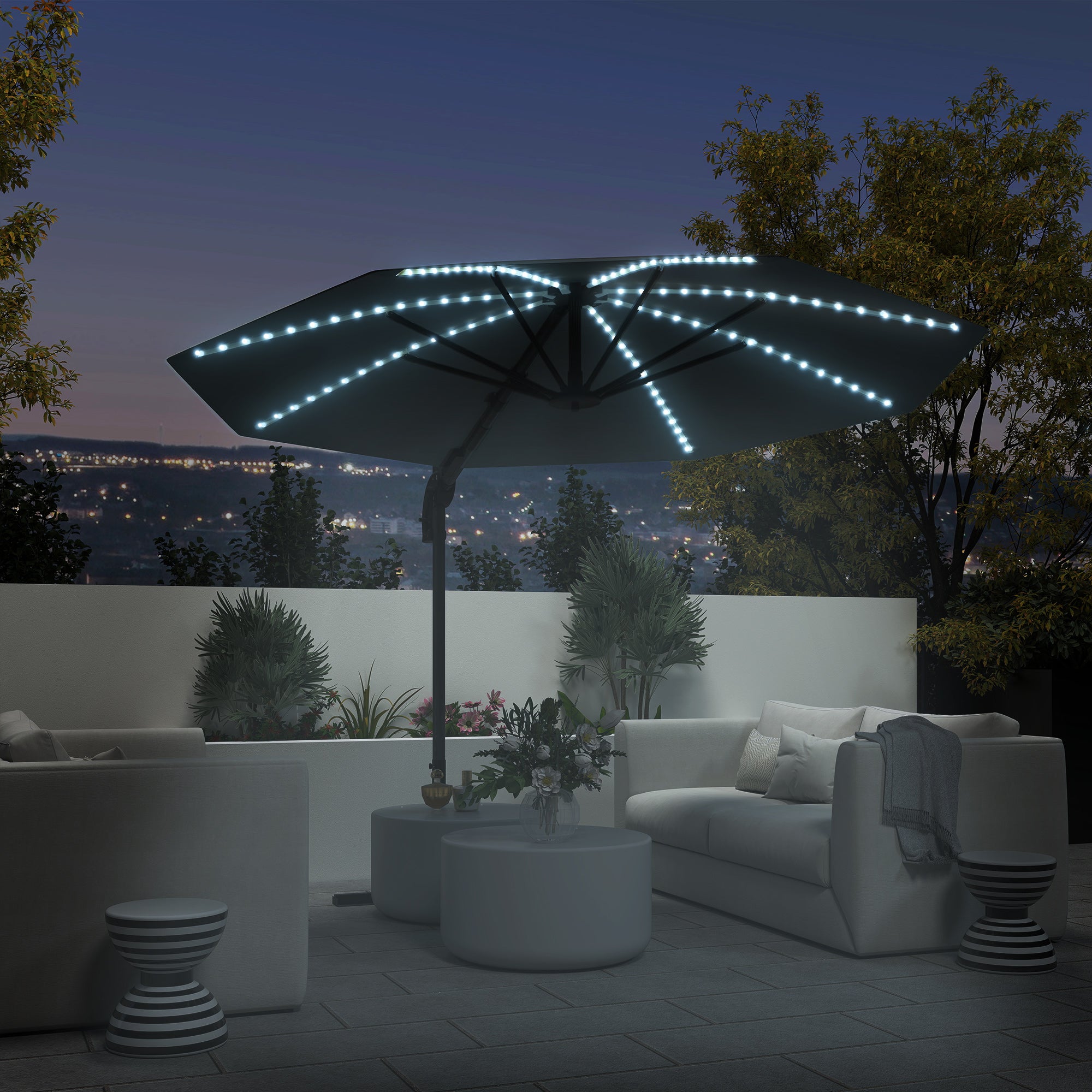 Outsunny Alu Ampelschirm LED Solar Ø300 cm höhenverstellbar Sonnenschirm mit Kurbel Ständer UV50+ Dunkelgrau