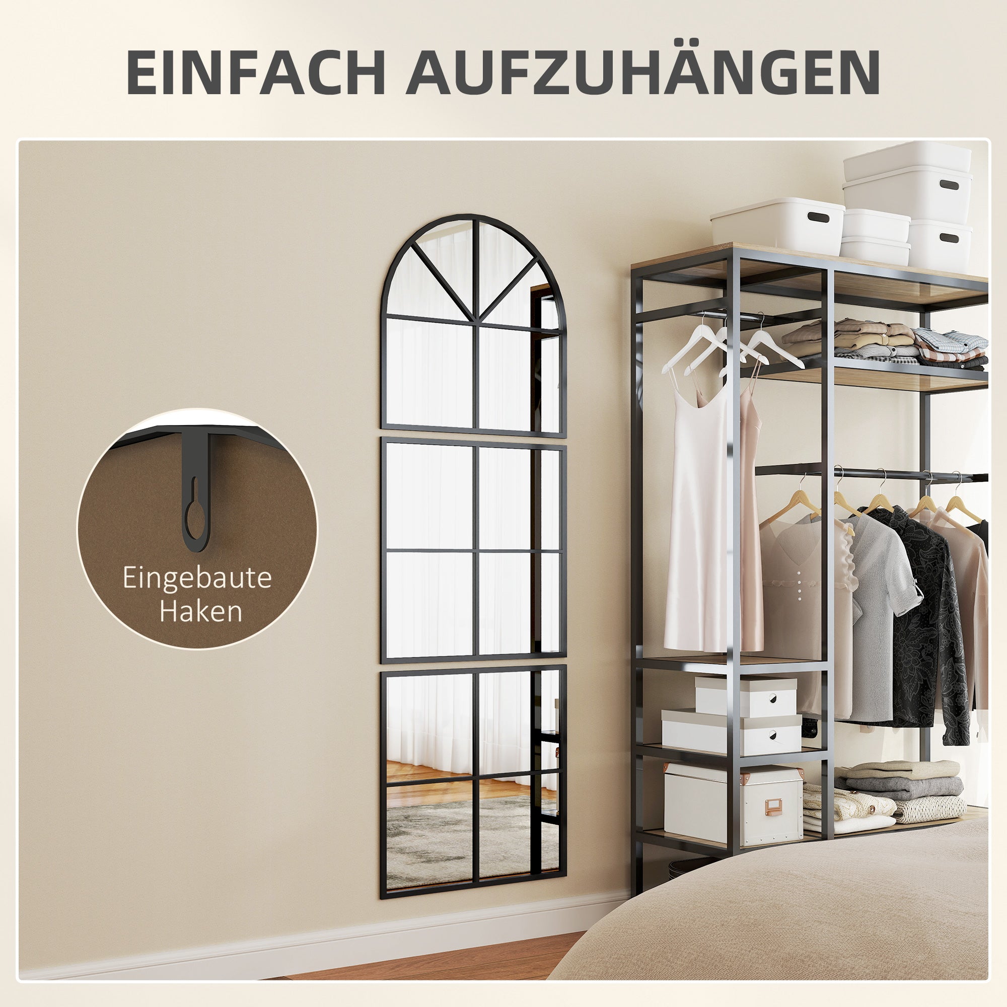 HOMCOM Wandspiegel dreiteilig, bogenförmiger Spiegel mit Metallrahmen, dekorativ 60 x 2 x 180 cm Schwarz