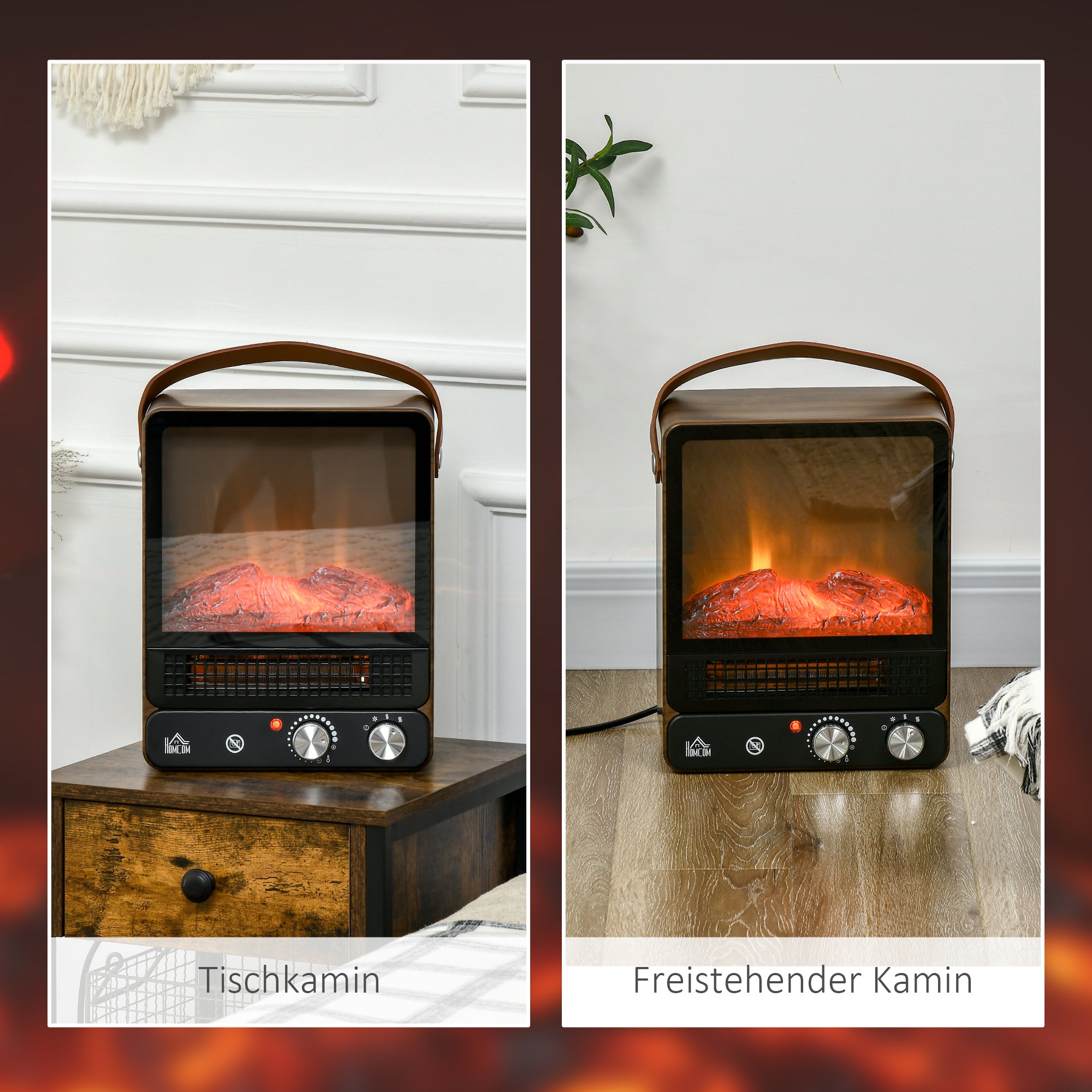 HOMCOM Elektrokamin, realistisches Feuer, 2 Heizmodi bis 50° C, Überhitzungsschutz, Walnussoptik, 30,3 x 17,5 x 37,4cm
