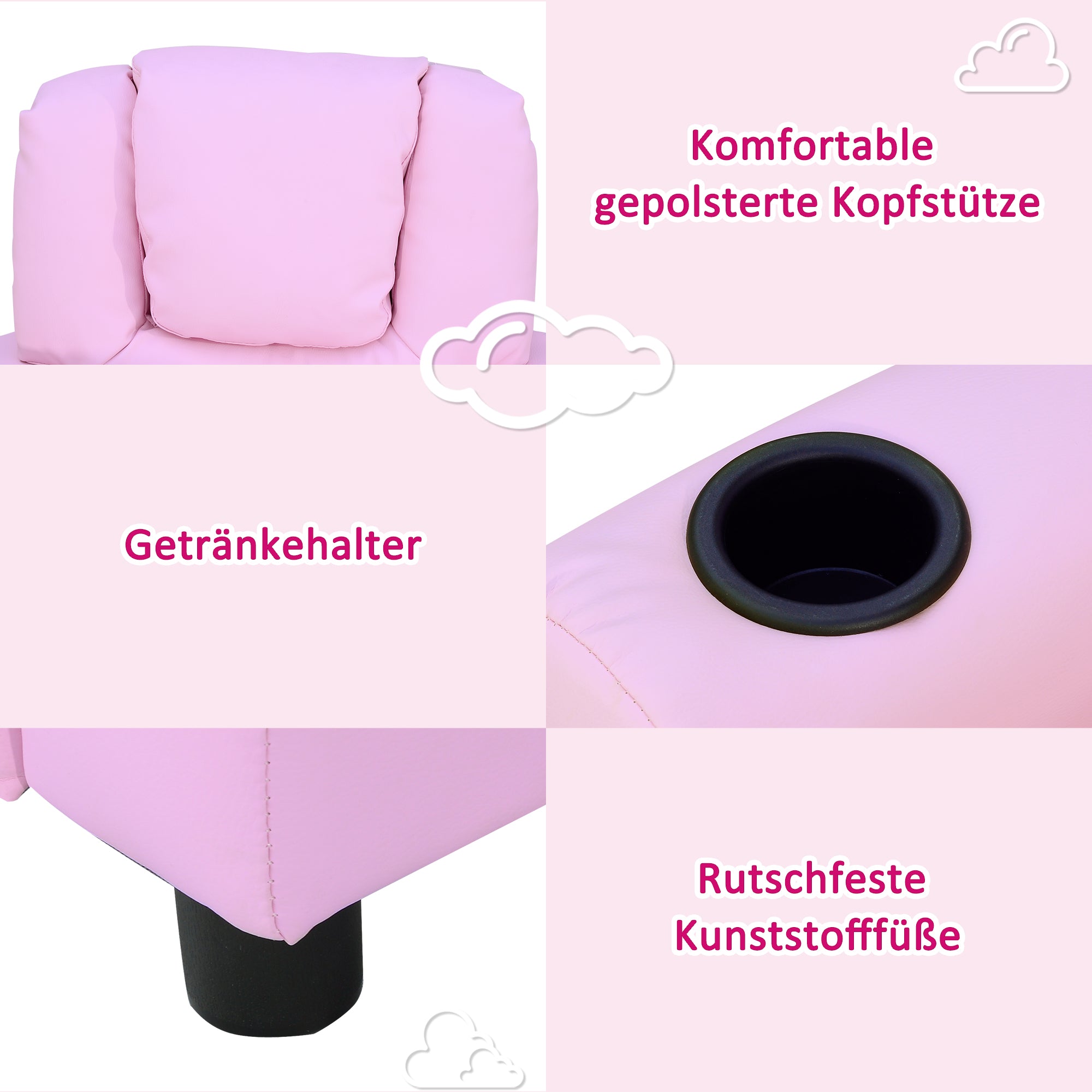 HOMCOM Kindersessel, Minisessel, Kindersofa für 3-6 Jahre alt, Liegefunktion, Eingebauten Becherhalter, Rosa, 62 x 56 x 69 cm