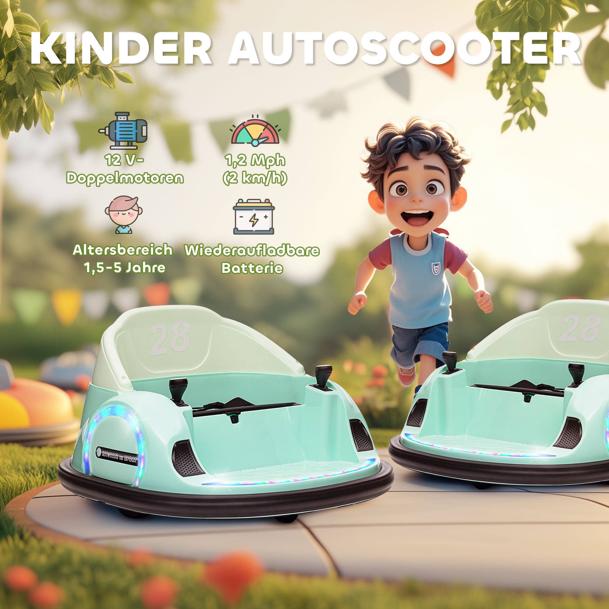 AIYAPLAY Autoscooter, 360° Rotation, 2 km/h Geschwindigkeit, Sicherheitsgurt, LED-Lichter, Musik und Hupe, Grün