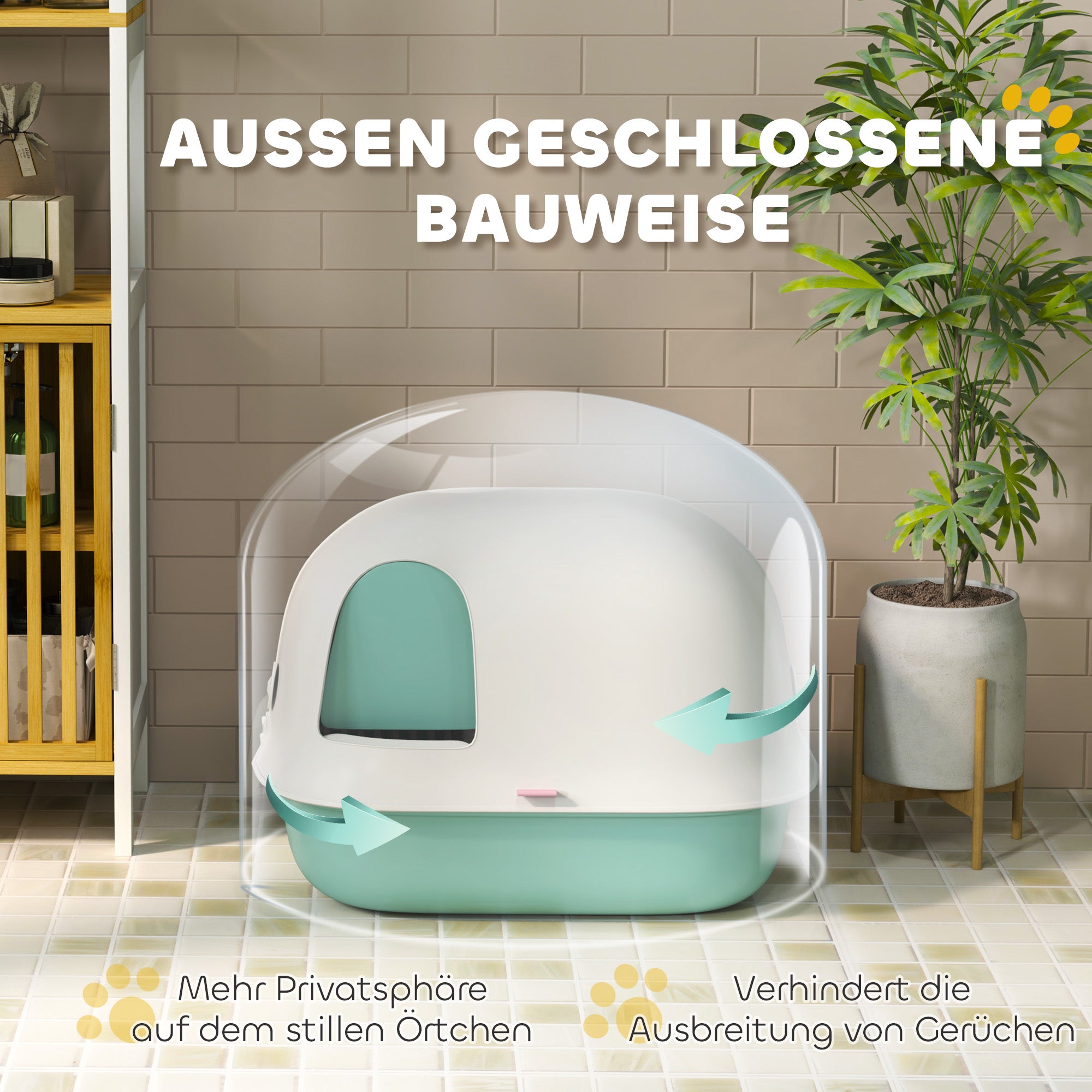 PawHut Katzentoilette mit Deckel, Katzenklo mit internem Kanal, Tür, Schaufel, leicht zu reinigen, Kunststoff, Grün