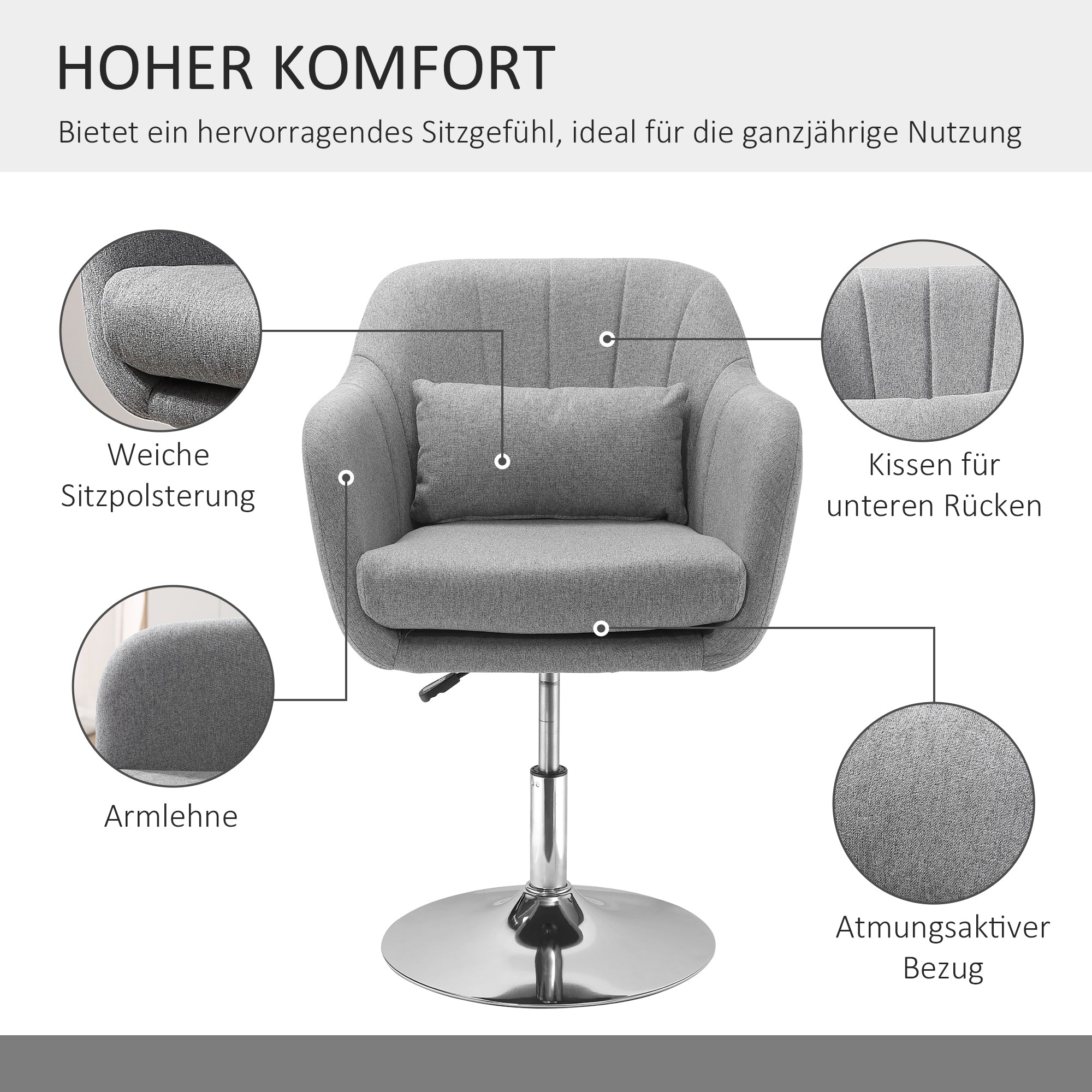 HOMCOM Arbeitshocker Drehhocker bis 136 kg, höhenverstellbar, leinenartiges Polyester, Stahl, Grau, 60 x 60 x 79-91 cm
