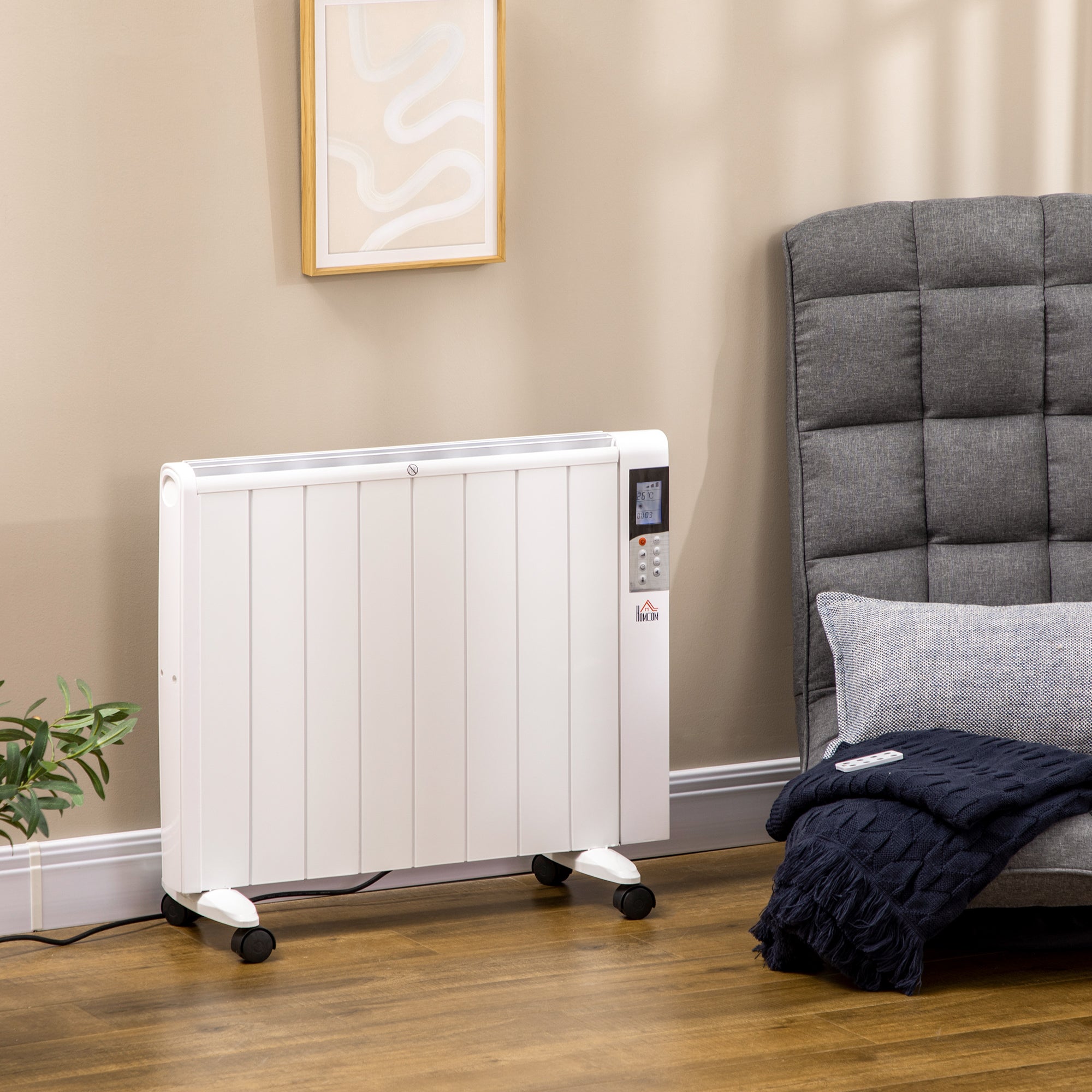 HOMCOM Elektroheizung mit Rollen, 9 vorinstallierte Modi, Wandmontage möglich, 5-35° C, weiß, 75 x 7,5 x 58,5 cm