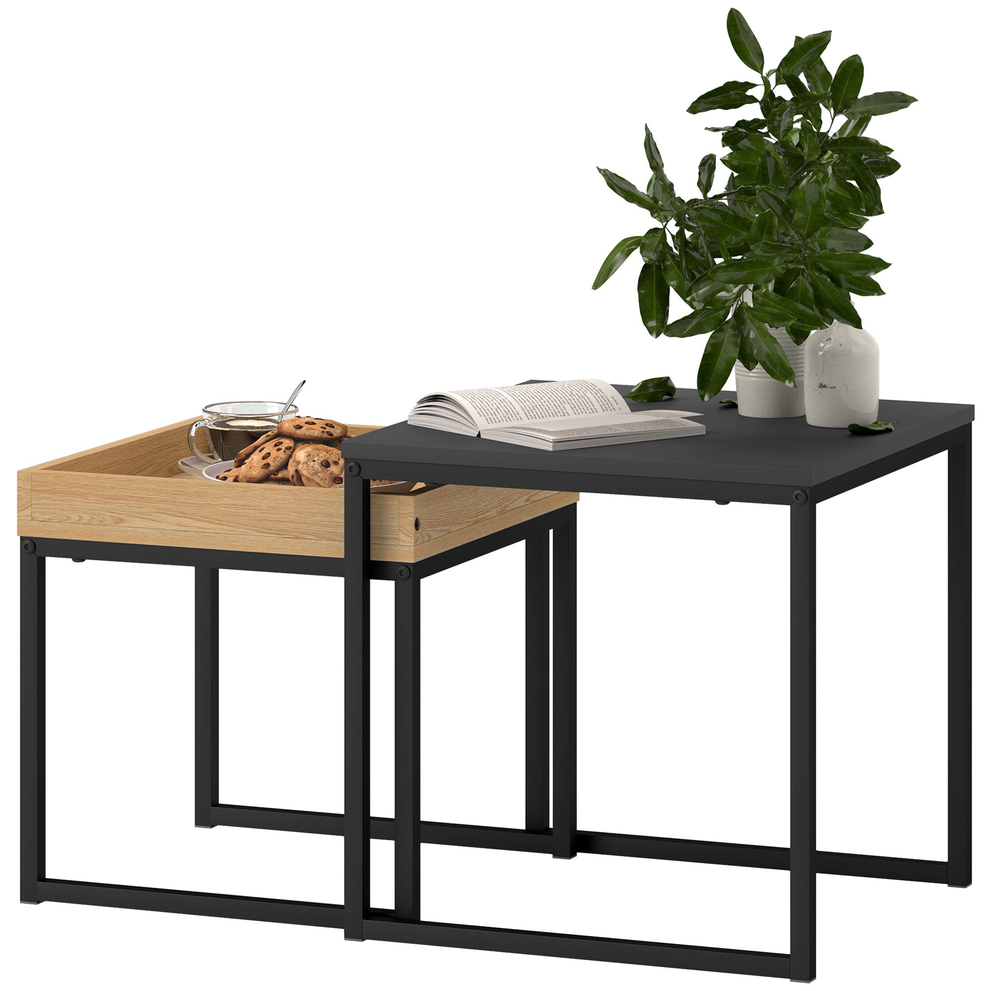 HOMCOM Moderner Couchtisch, 2er-Set Sofatisch, für kleine Räume, Quadratisch, MDF, Metall, Schwarz