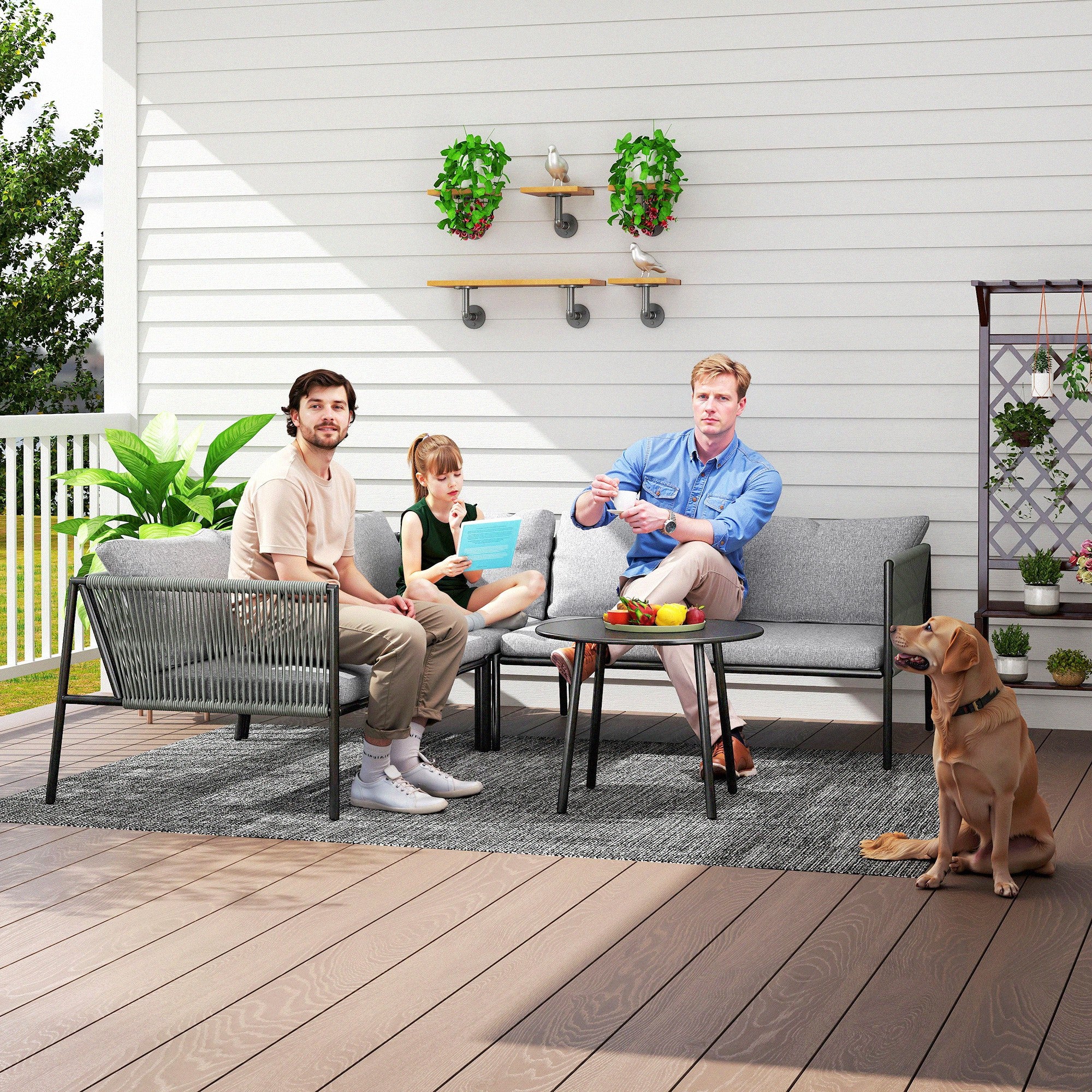 Outsunny Gartenmöbel Set Polyrattan Lounge-Set mit Ecksofa Tisch Kissen für 6 Personen Dunkelgrau