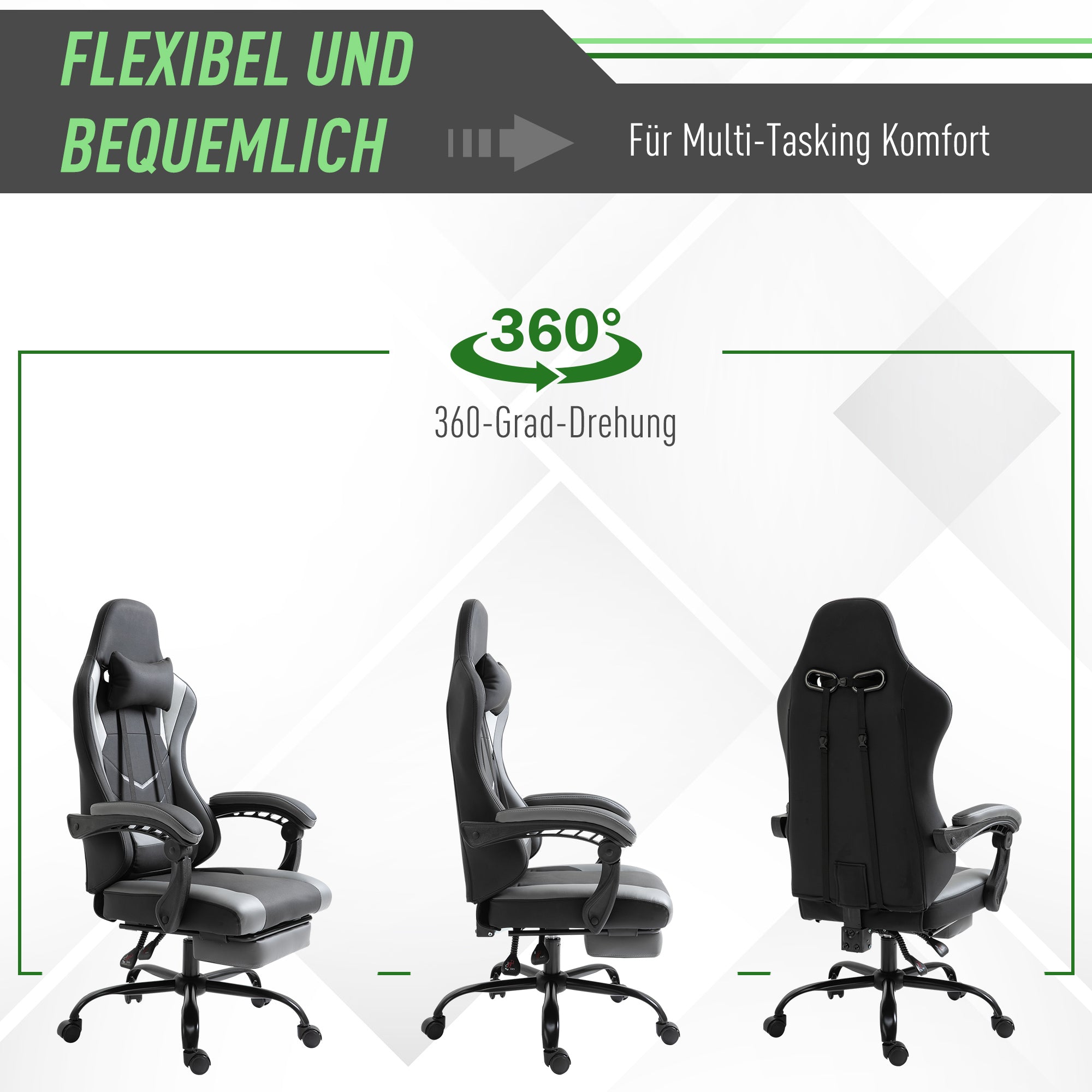 Vinsetto Ergonomischer Gaming Stuhl Bürostuhl Schreibtischstuhl, Drehstuhl Höhenverstellbar, Verstellbares Lendenkissen mit Fußstützen Schwarz 62x52x128 cm