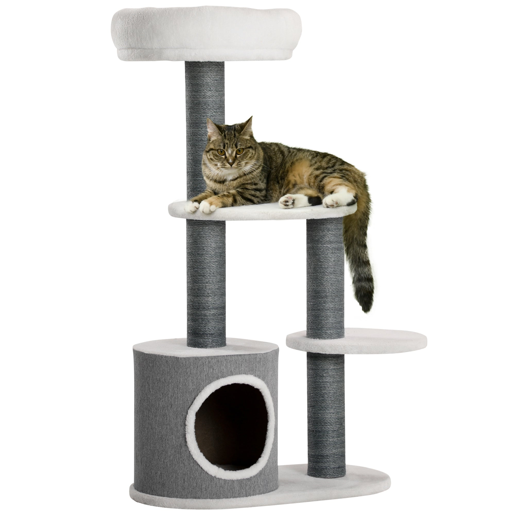 PawHut Kratzbaum mit 1 Katzenhöhle, 1 Katzenbett, 2 Plattformen, Jute-Seilspfosten, Weiß + Grau