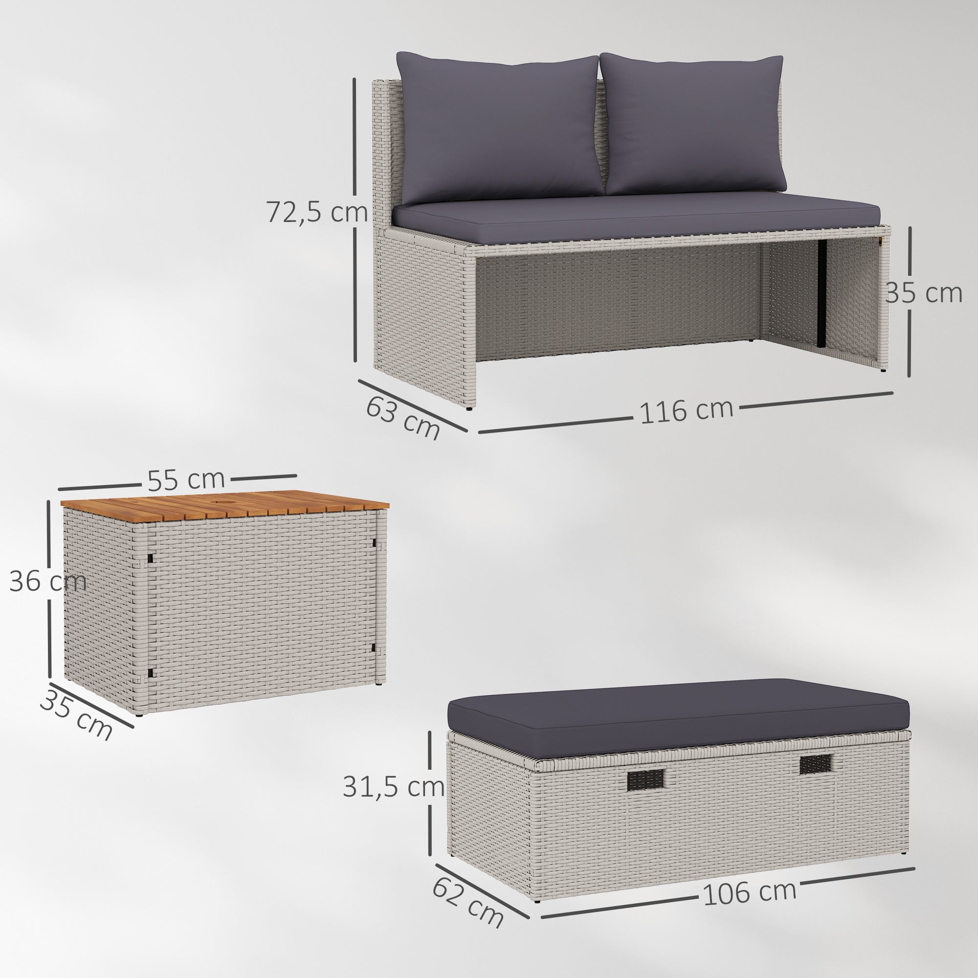 Outsunny Polyrattan Sonnenliege für 2 Personen Doppelliege mit Fußhocker Stauraum Auflagen 125x114x72,5 cm Grau