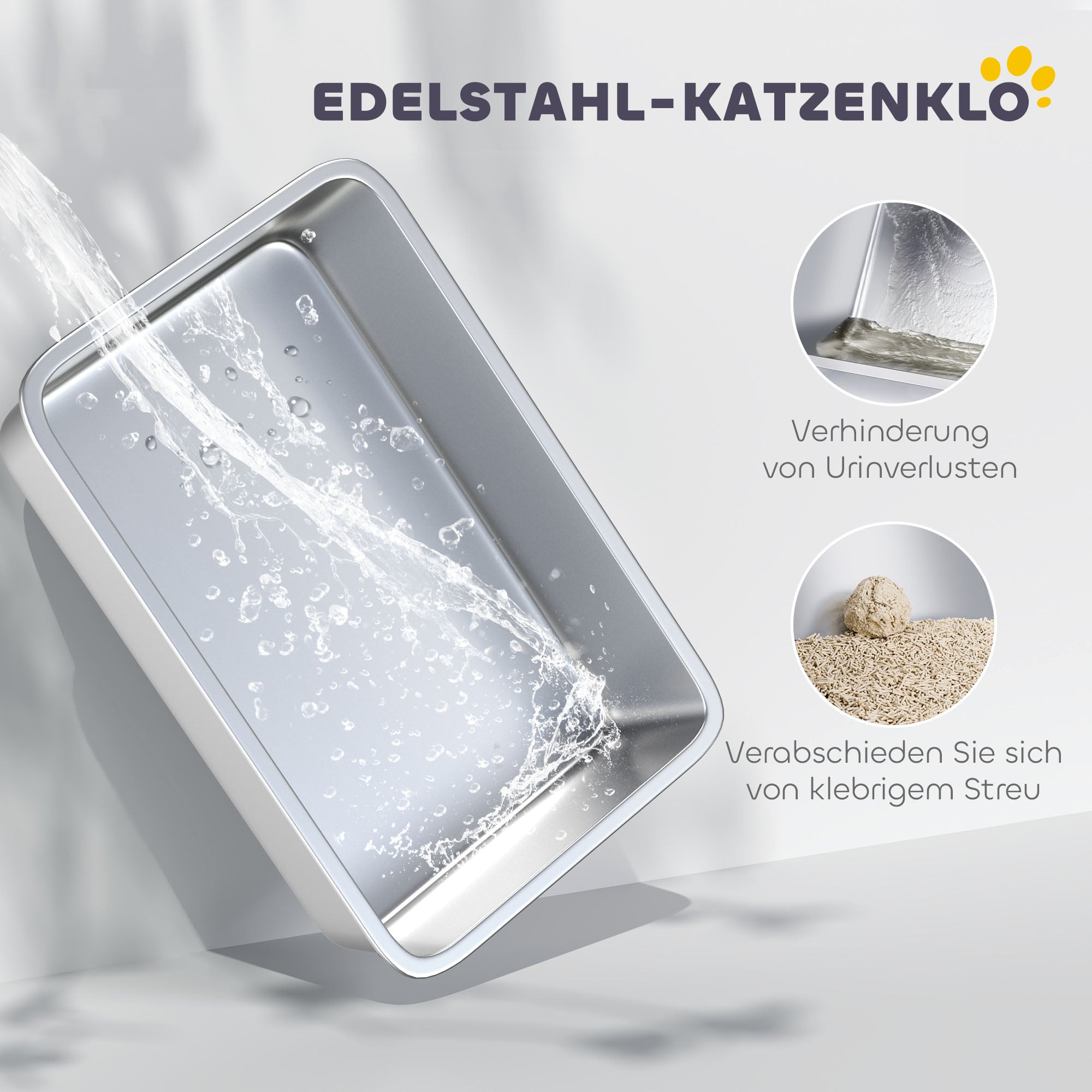 PawHut Katzentoilette, Wanne aus Edelstahl, Filter, Schaufel, für Katzen bis 6 kg, 40,5 x 60,5 x 41,5 cm, Grau/Silber