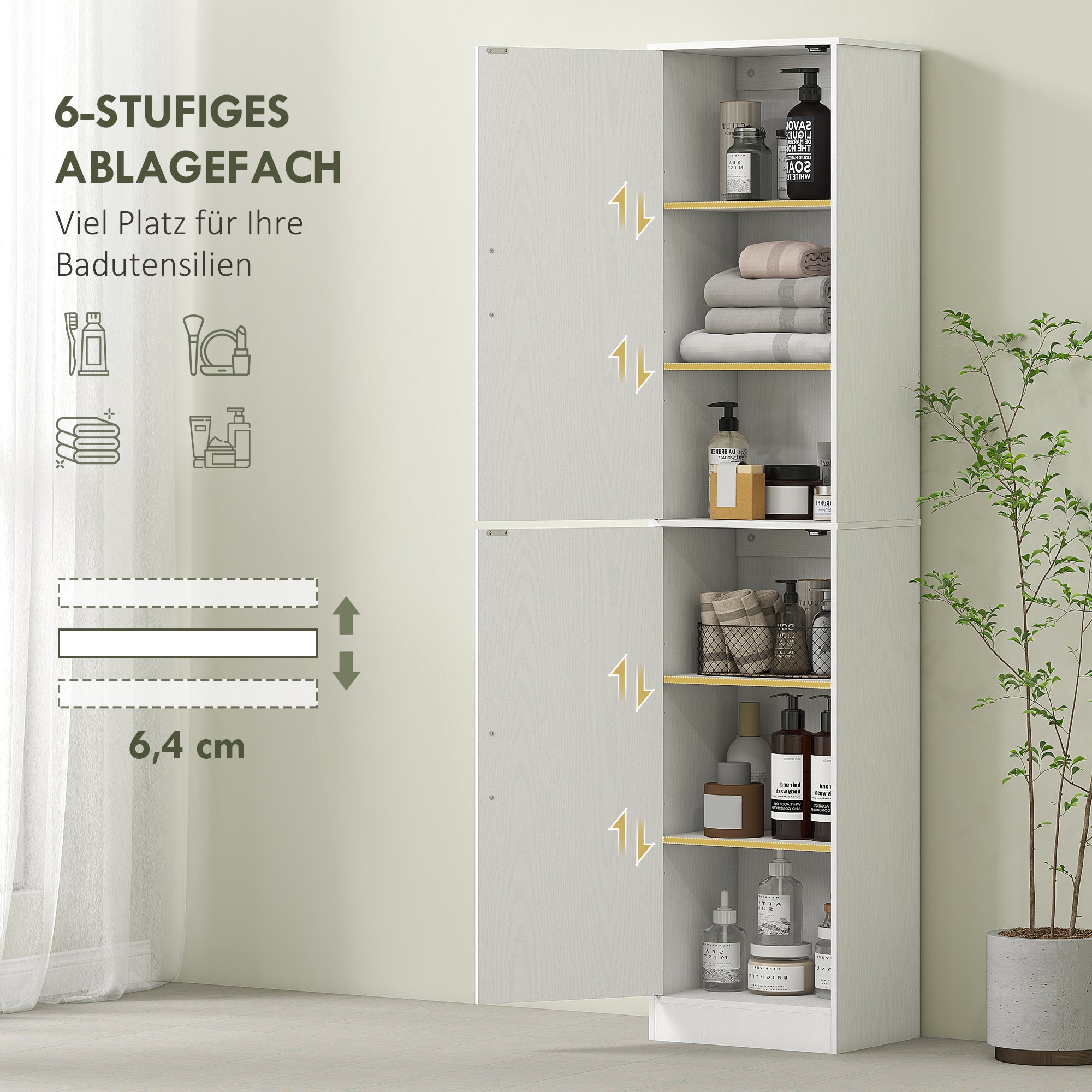 HOMCOM 180 cm hoher Badezimmerschrank, schmaler Badschrank mit 2 Türen, 4 verstellbare Regale, Spanplatte, MDF, Weiß
