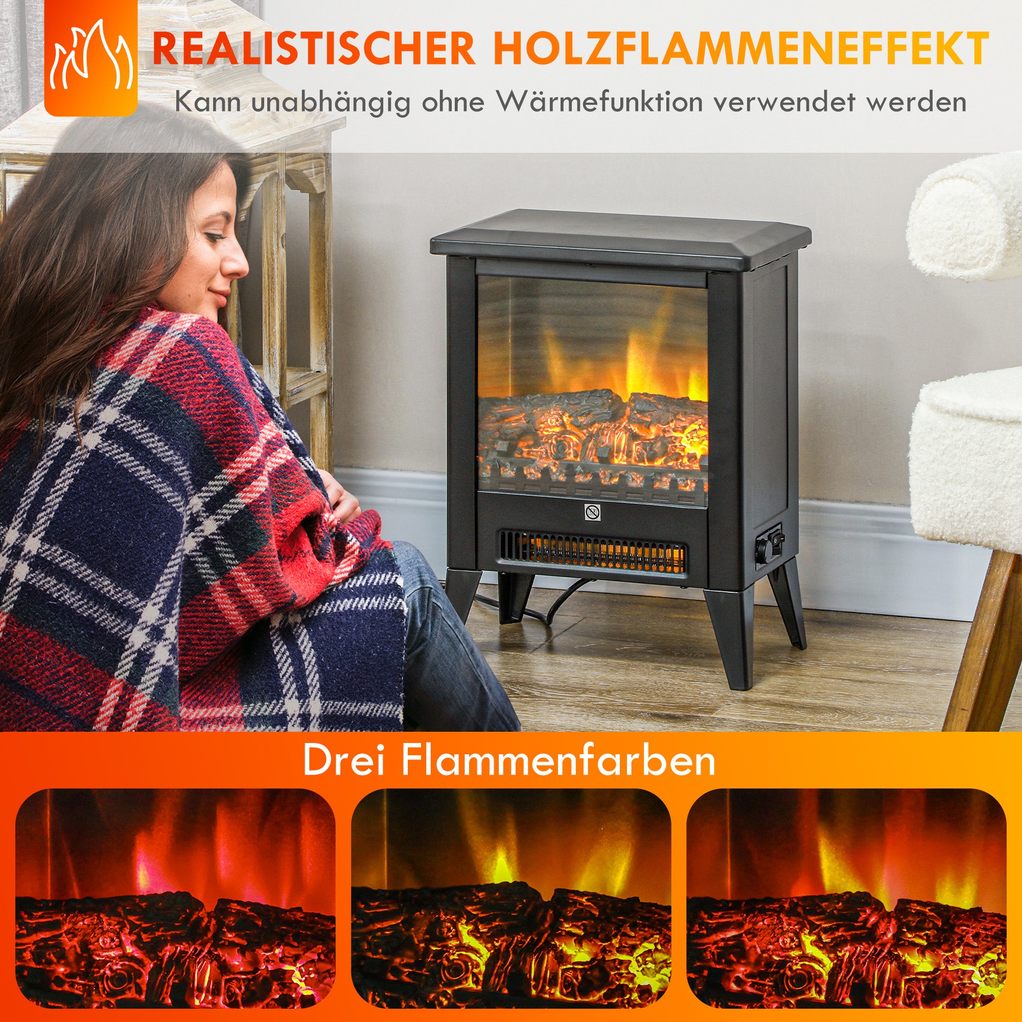HOMCOM Elektrischer Kamin mit realistischem Feuereffekt, Überhitzungsschutz und niedrigem Geräuschpegel, 1800W, Schwarz