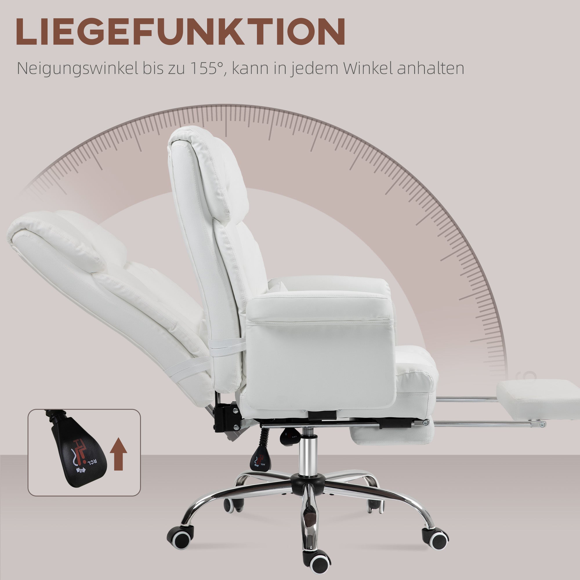 HOMCOM Ergonomischer Bürostuhl, höhenverstellbar 48-56 cm, neigbare Rückenlehne, Fußstütze, Weiß