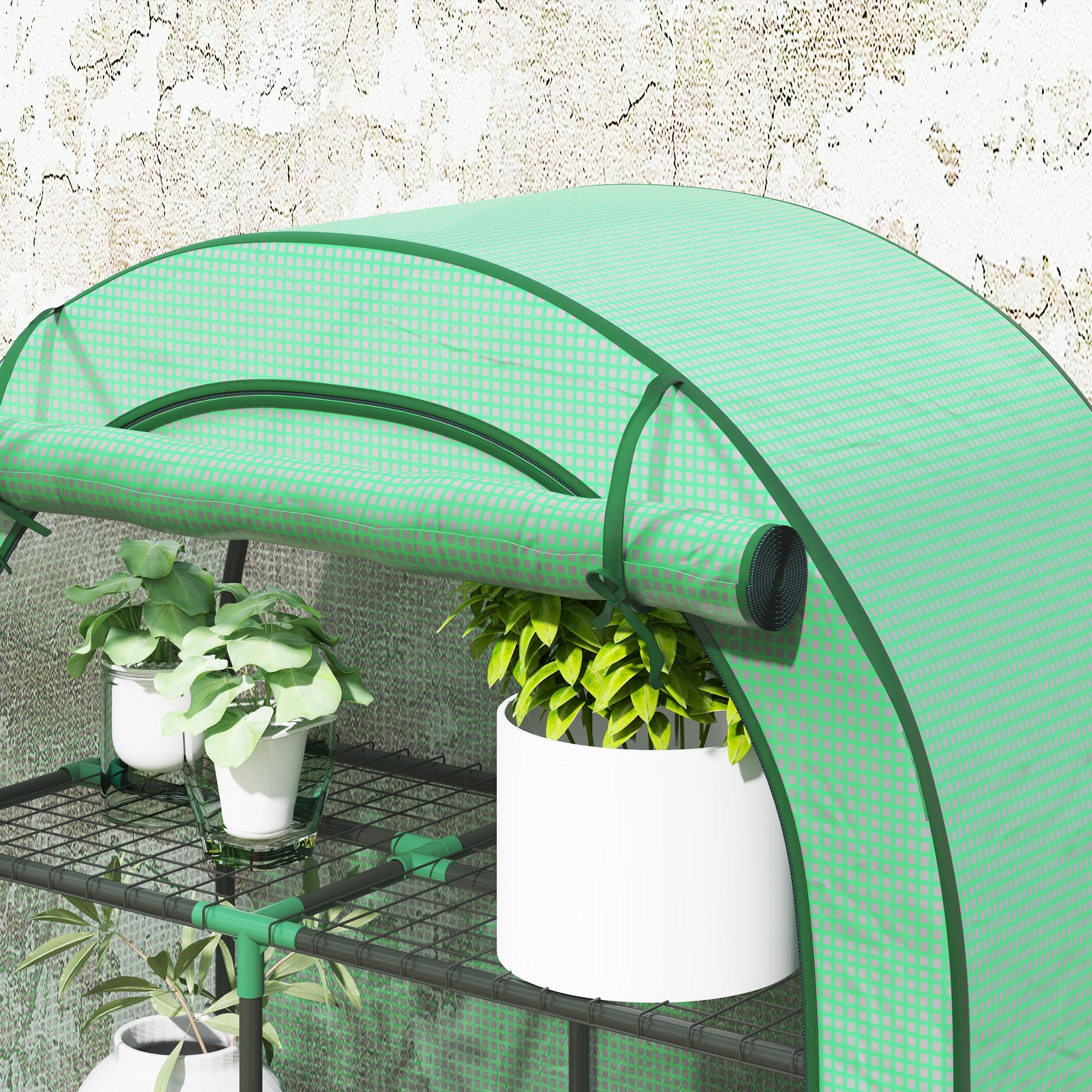 Outsunny Mini-Gewächshaus, 4-stufiges Gewächshaus mit Kunststoff-Plane, tragbar, Rolltür, 100 x 45 x 160 cm, Grün