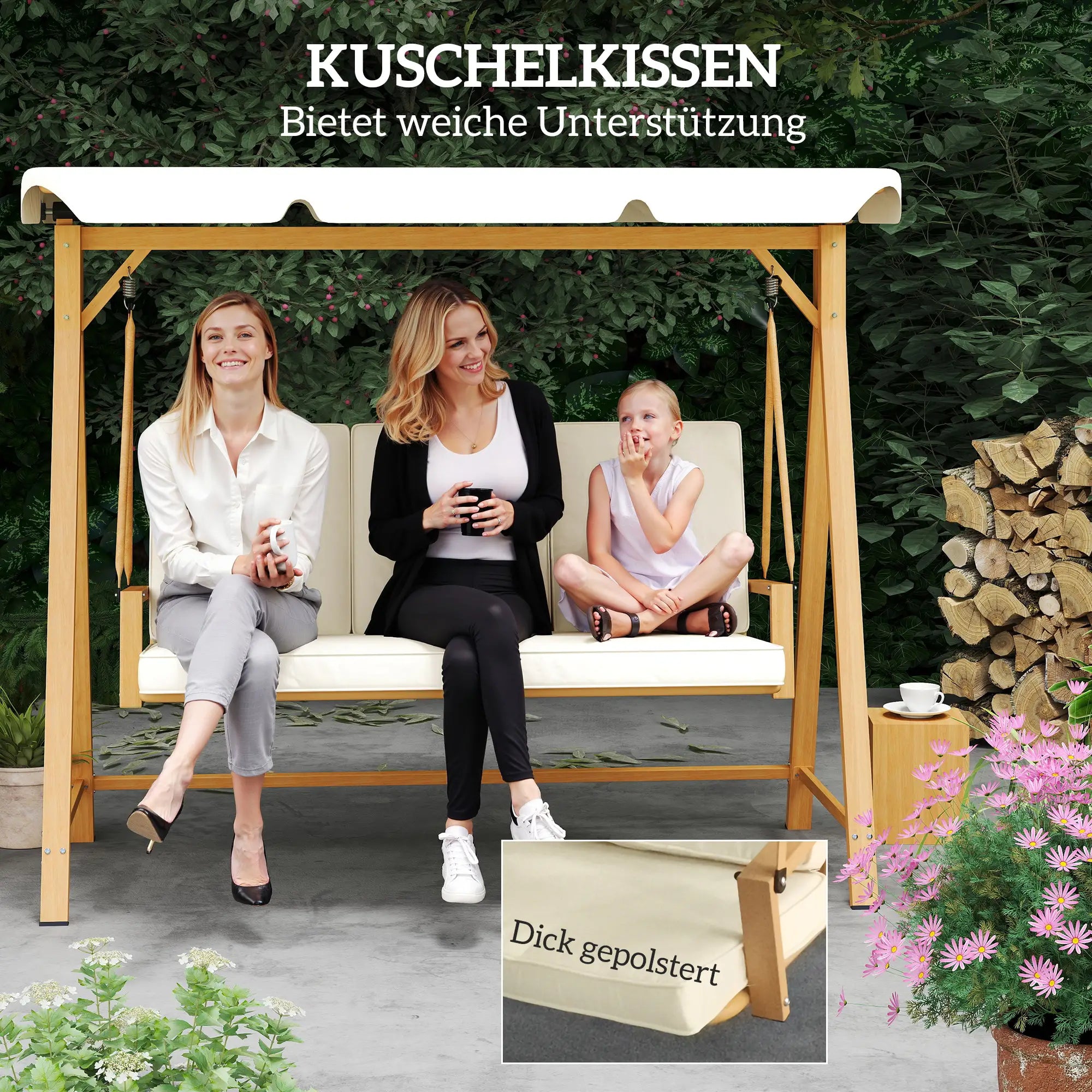 Outsunny Hollywoodschaukel mit verstellbarem Sonnendach Sitzauflage, 3-Sitzer bis 330kg 198 x 120 x 170cm, Beige